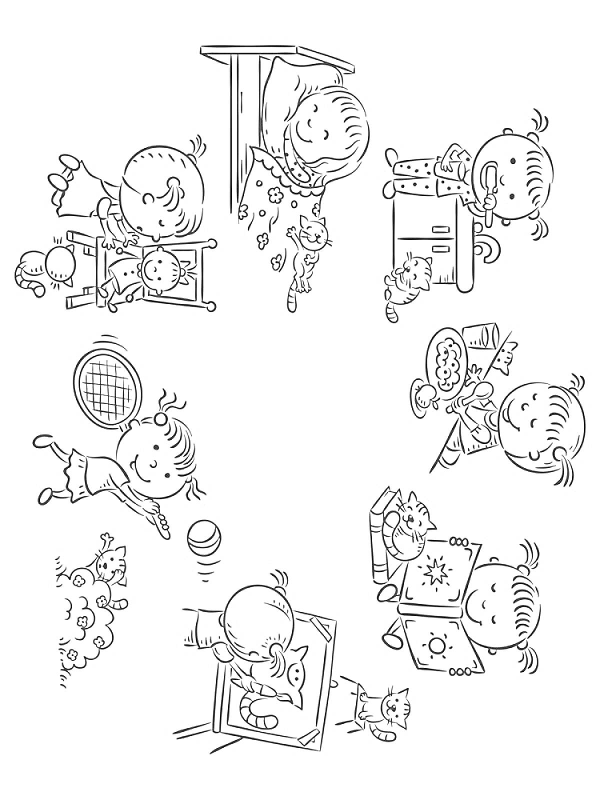 Раскраска Режим дня детей: подъем, умывание, завтрак, игра в теннис, чтение и рисование.
