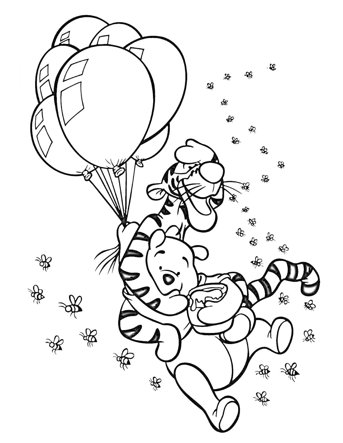 На раскраске изображено: Тигр, Мёд, Пчёлы, Цветы, Полет, Из мультфильмов, Для детей, Животные, Воздушные шары, Медведь