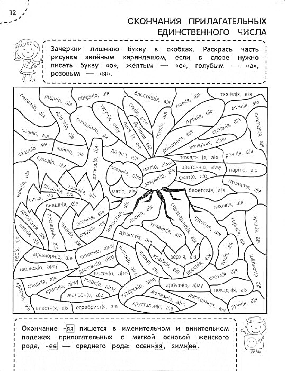 На раскраске изображено: Окончание, Прилагательные, Падежи, Русский язык, Задания для детей, Школьные задания, 3 класс