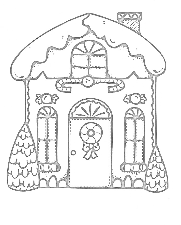 Раскраска Пряничный домик с украшениями из конфет, леденцов и мятных палочек