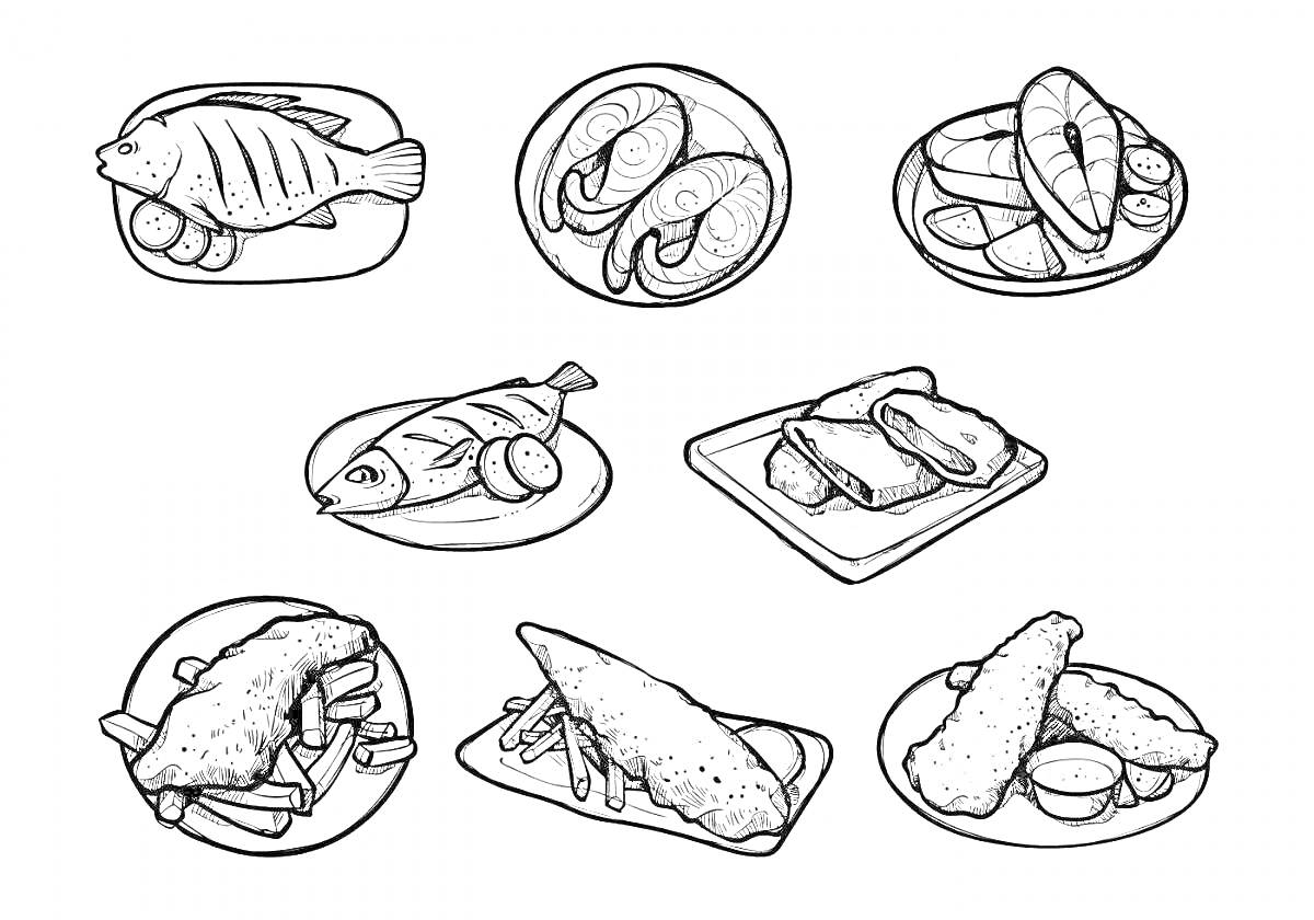 На раскраске изображено: Рыба, Морепродукты, Готовка, Тарелка, Еда, Блюдо, Кусок