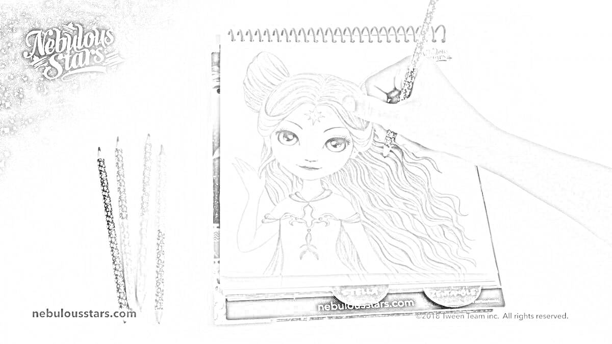 Раскраска Рисунок девочки с длинными волнистыми волосами на листе блокнота, рисование ручкой, три карандаша, логотип Nebulous Stars в левом верхнем углу, сайт nebulousstars.com в левом нижнем углу