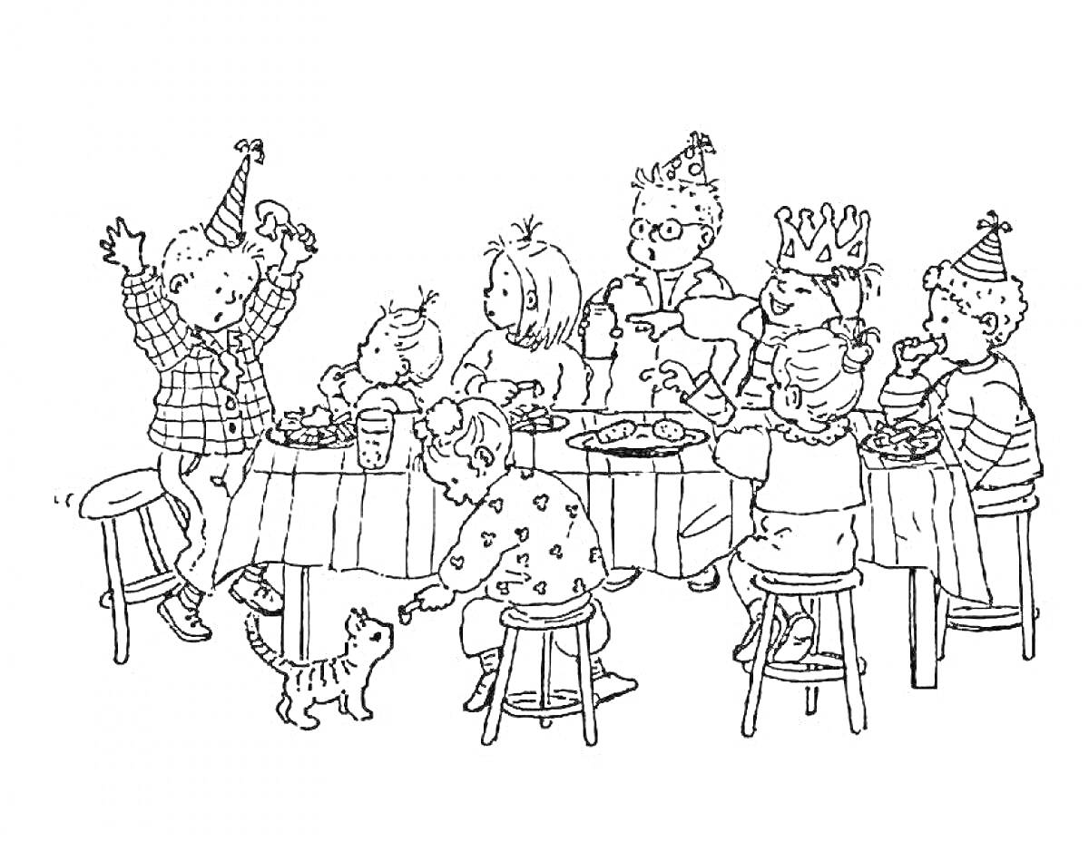 На раскраске изображено: Вечеринка, Колпачки, Стол, Торт, Подарки