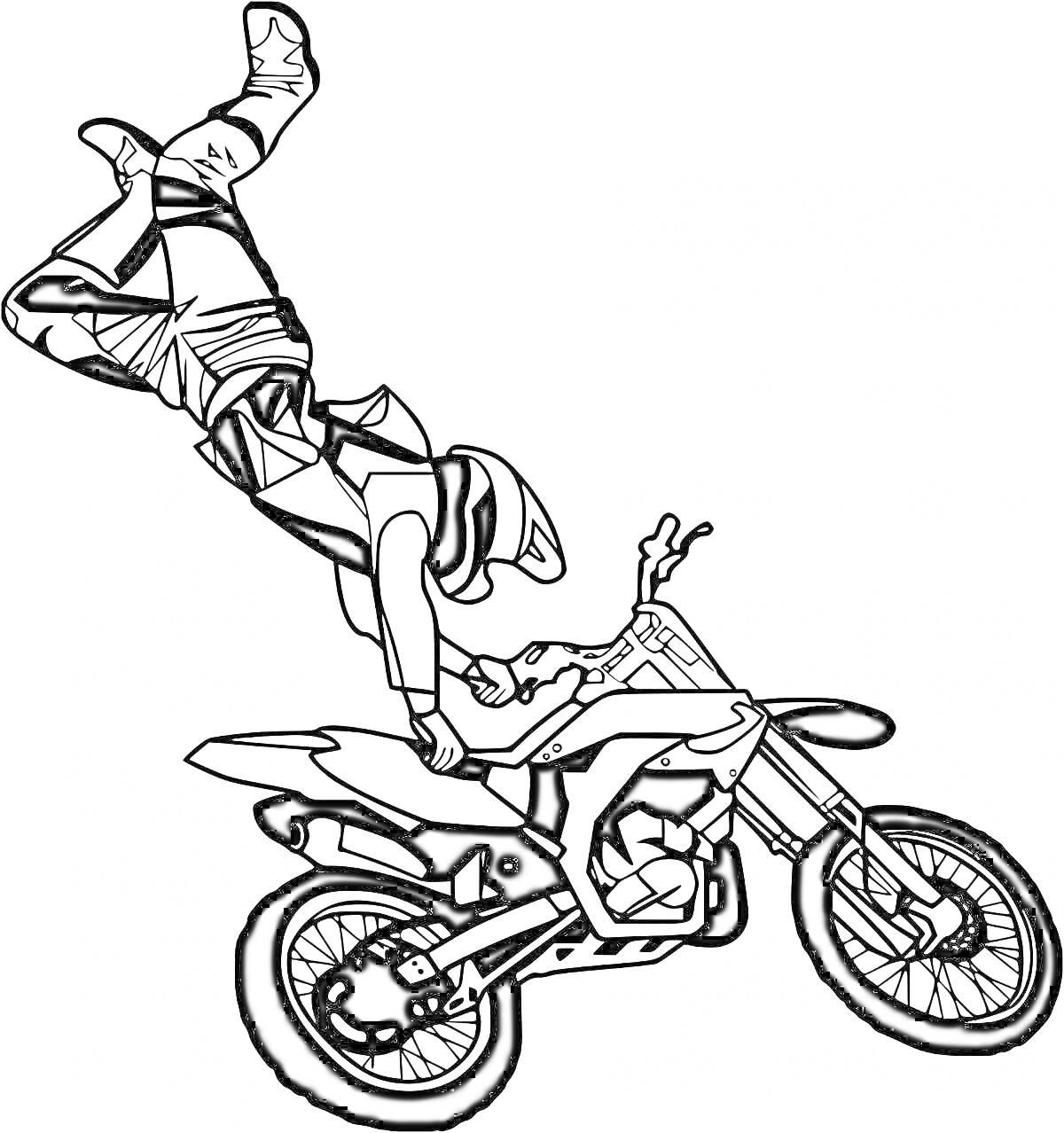 На раскраске изображено: Мотоциклист, Трюк, Мотоцикл, Мотоспорт