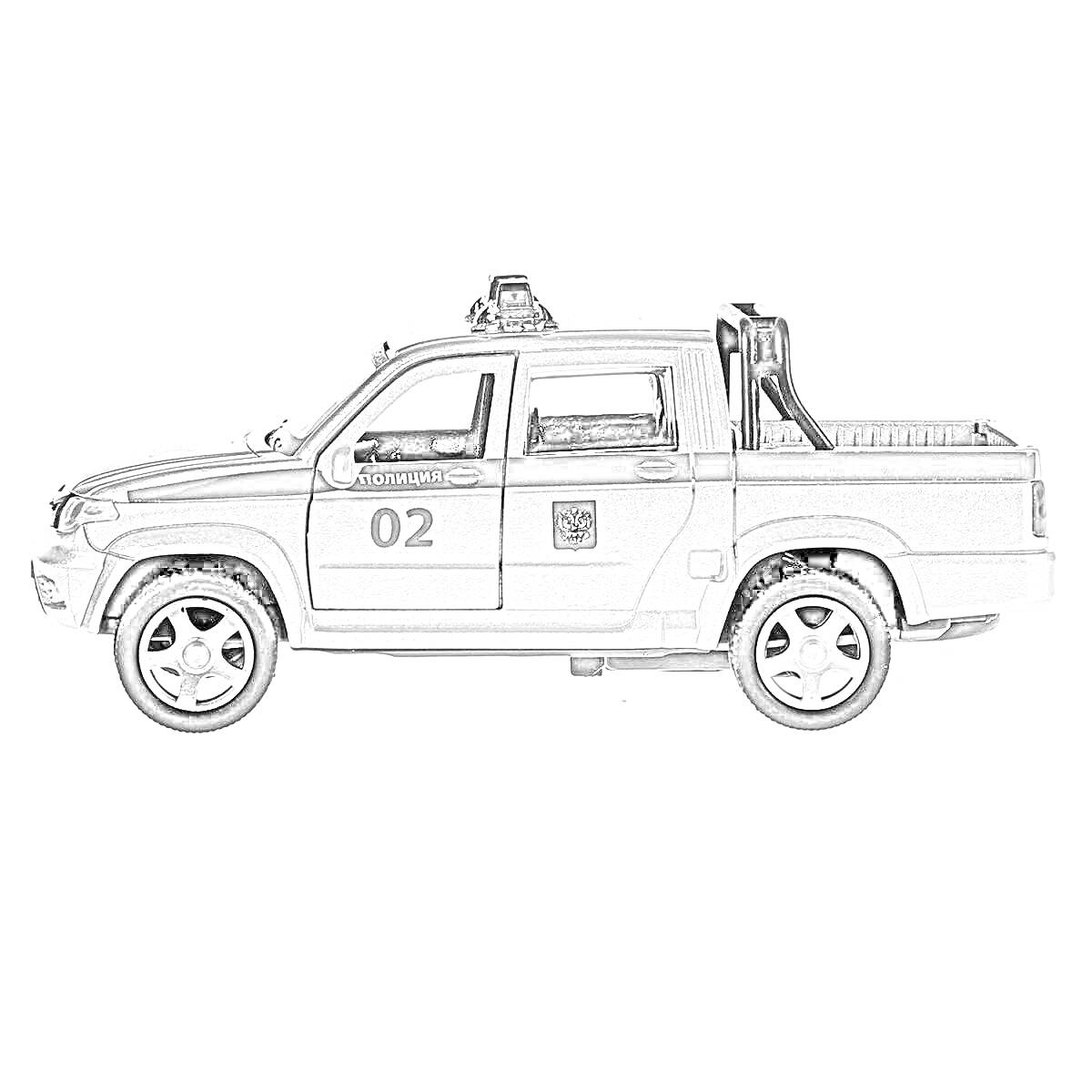 На раскраске изображено: Полицейский автомобиль, Пикап, Номер 02, Технопарк