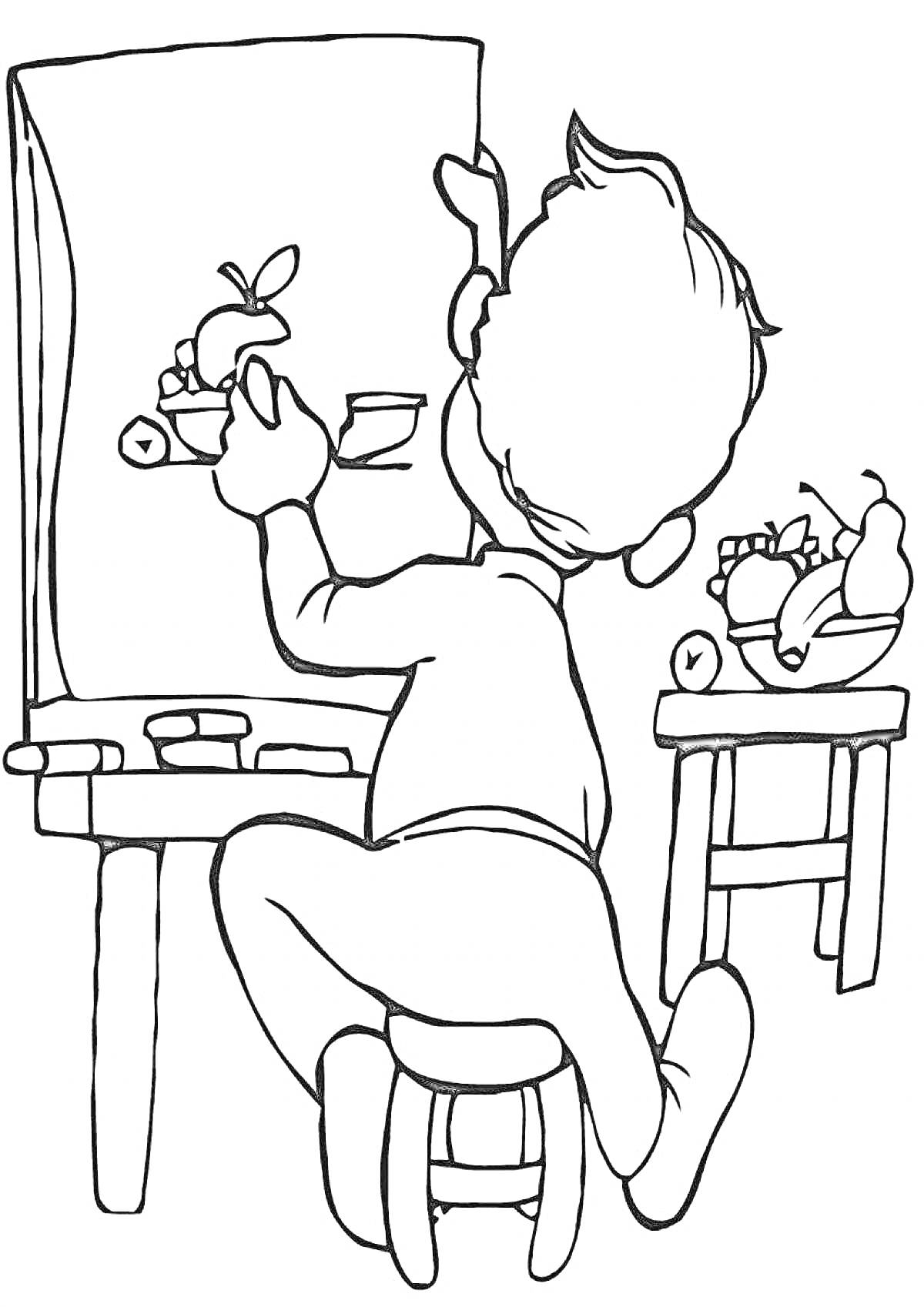 Раскраска Художник рисующий натюрморт с фруктами на холсте сидя на табурете