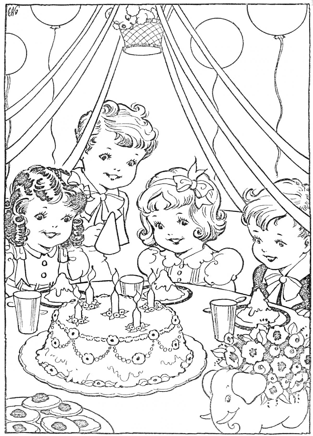 Раскраска Вечеринка с детьми вокруг праздничного стола, украшенная комната, праздничный торт, напитки, цветы, игрушечный слон и воздушные шары