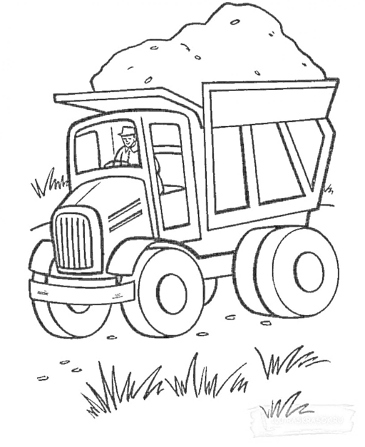 На раскраске изображено: Водитель, Груз, Трава, Транспорт, Большие колеса, Для детей, Авто, Грузовая машина