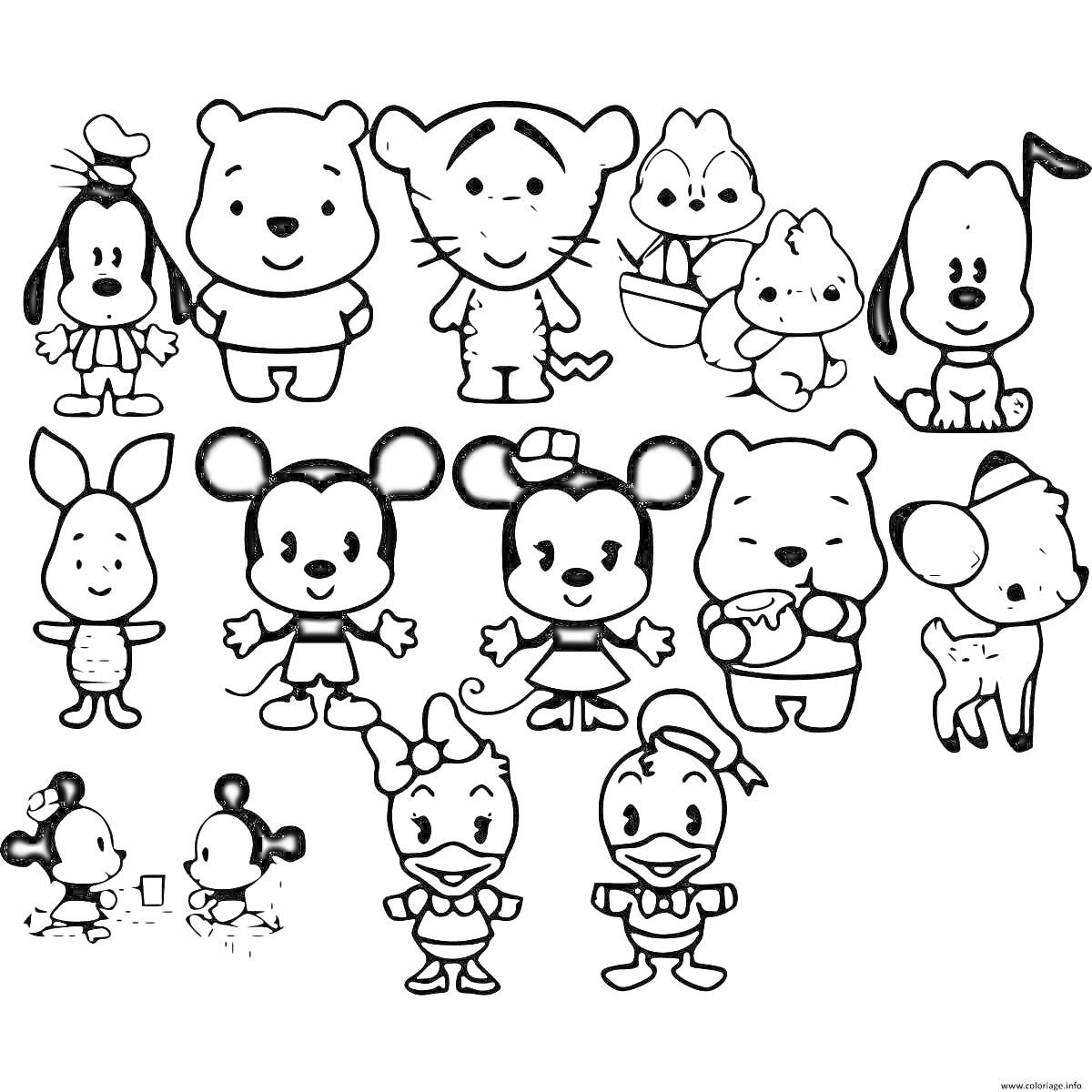 Раскраска персонажи мультфильмов - собака, тигр, утка, медведь, мышь, кролик, олененок