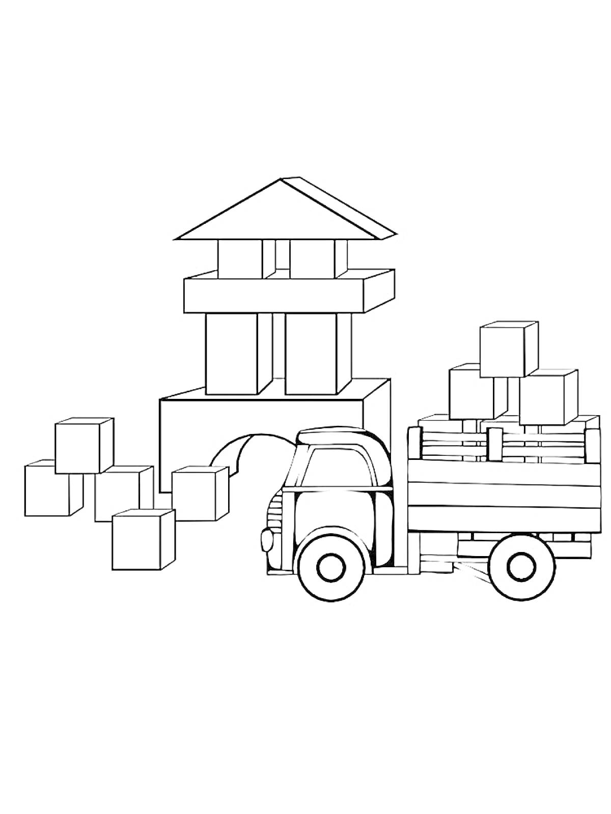 Раскраска Грузовик с кубиками перед башней из кубиков