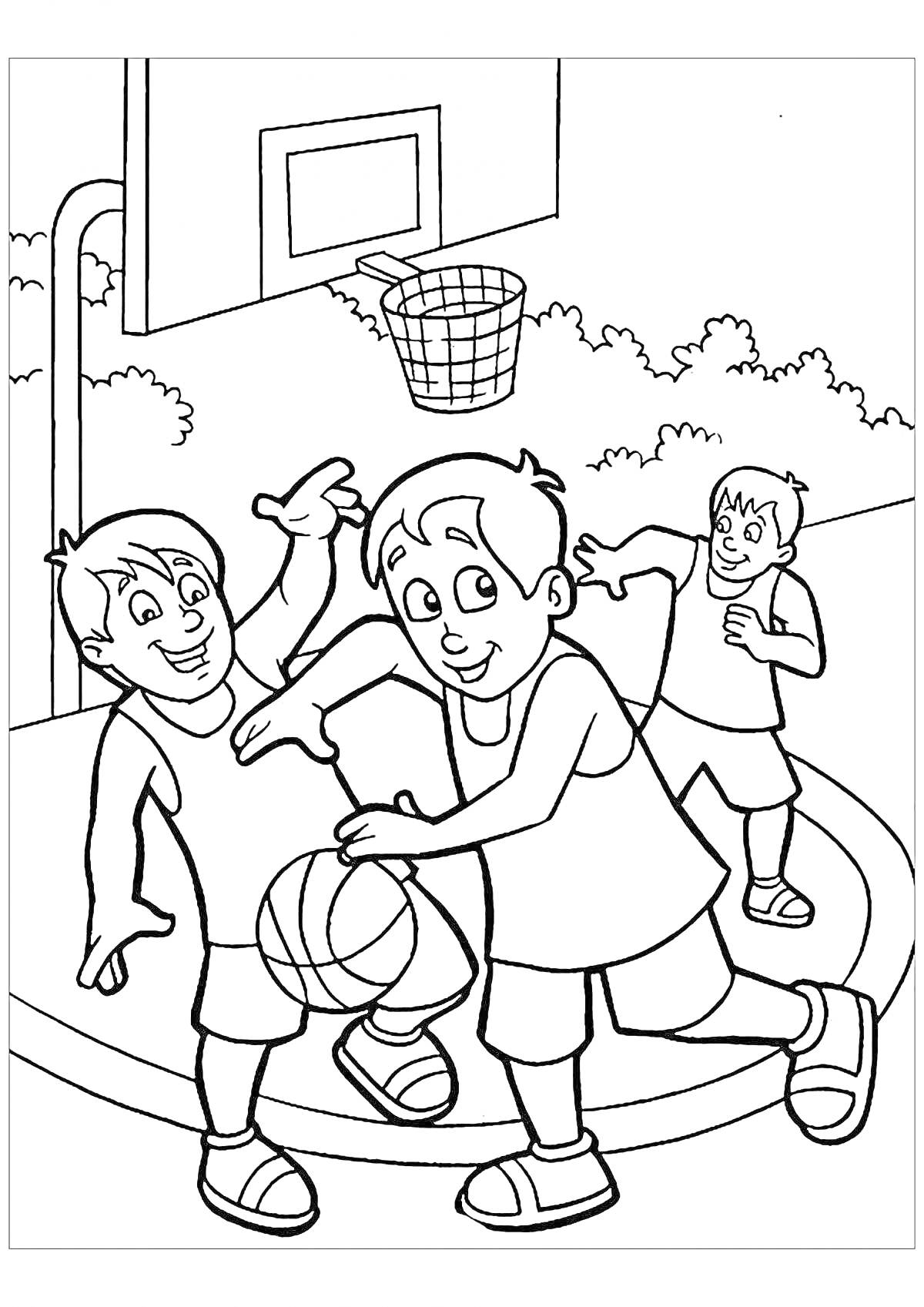 На раскраске изображено: Спорт, Физкультура, Баскетбол, Баскетбольная площадка, Игра, Активность, Команда