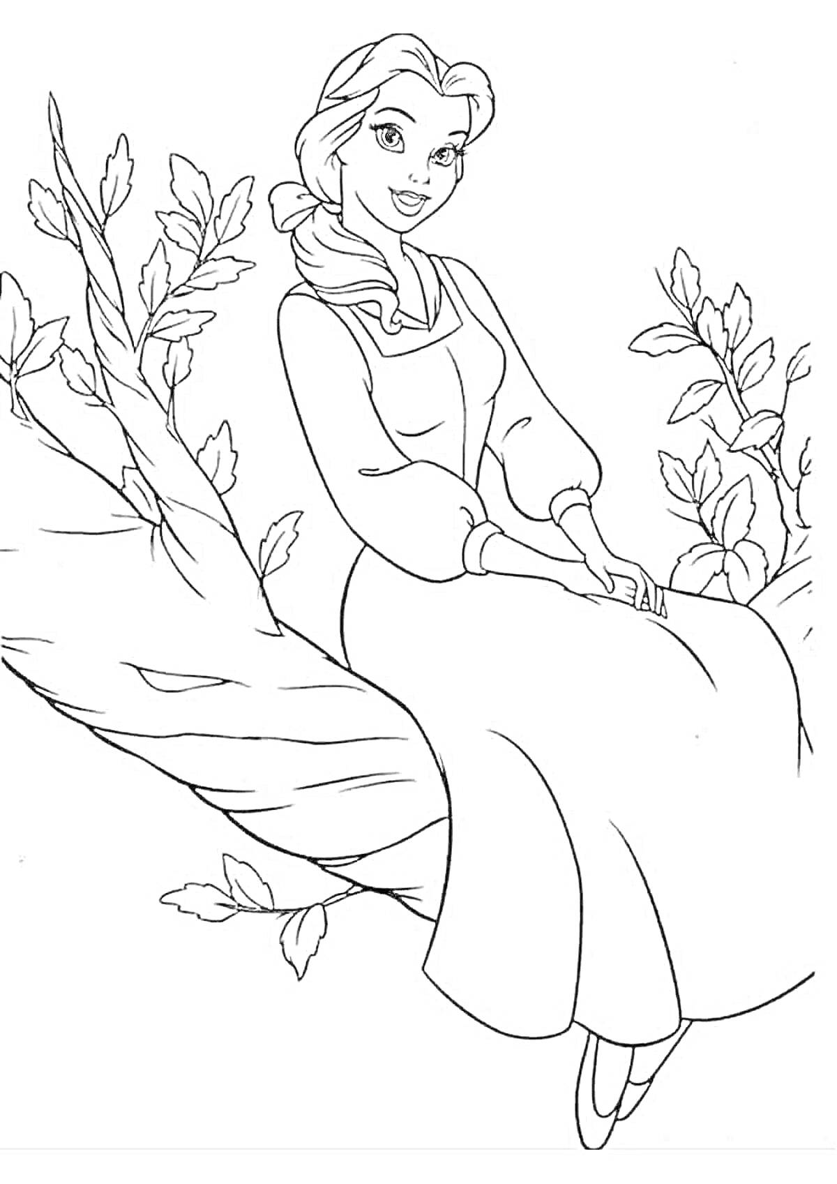 Раскраска Девушка в платье сидит на ветке дерева среди листьев