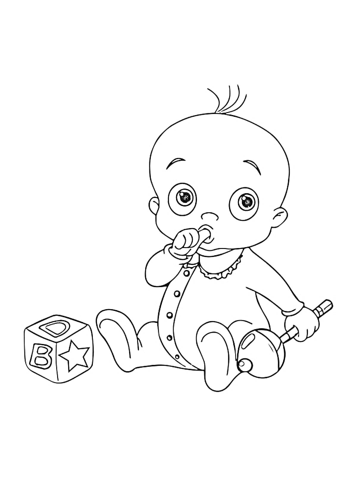 Раскраска Младенец с погремушкой и кубиком (буквы А, В и D нарисованы на сторонах кубика)