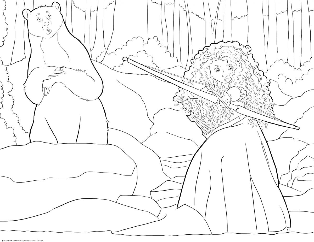 На раскраске изображено: Мерида, Лук, Медведь, Лес