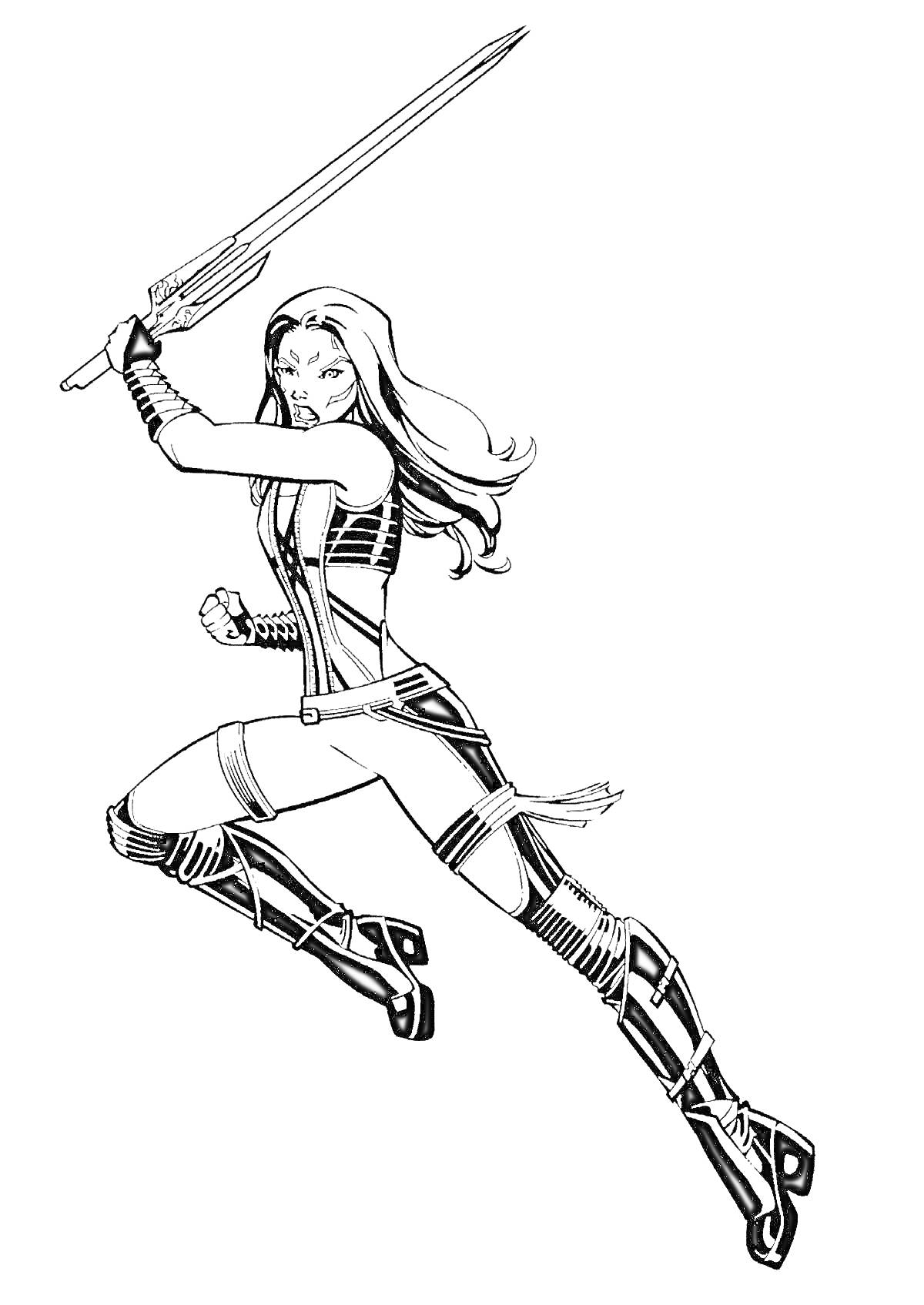 Раскраска Женщина с длинными волосами и мечом из Стражей галактики в прыжке