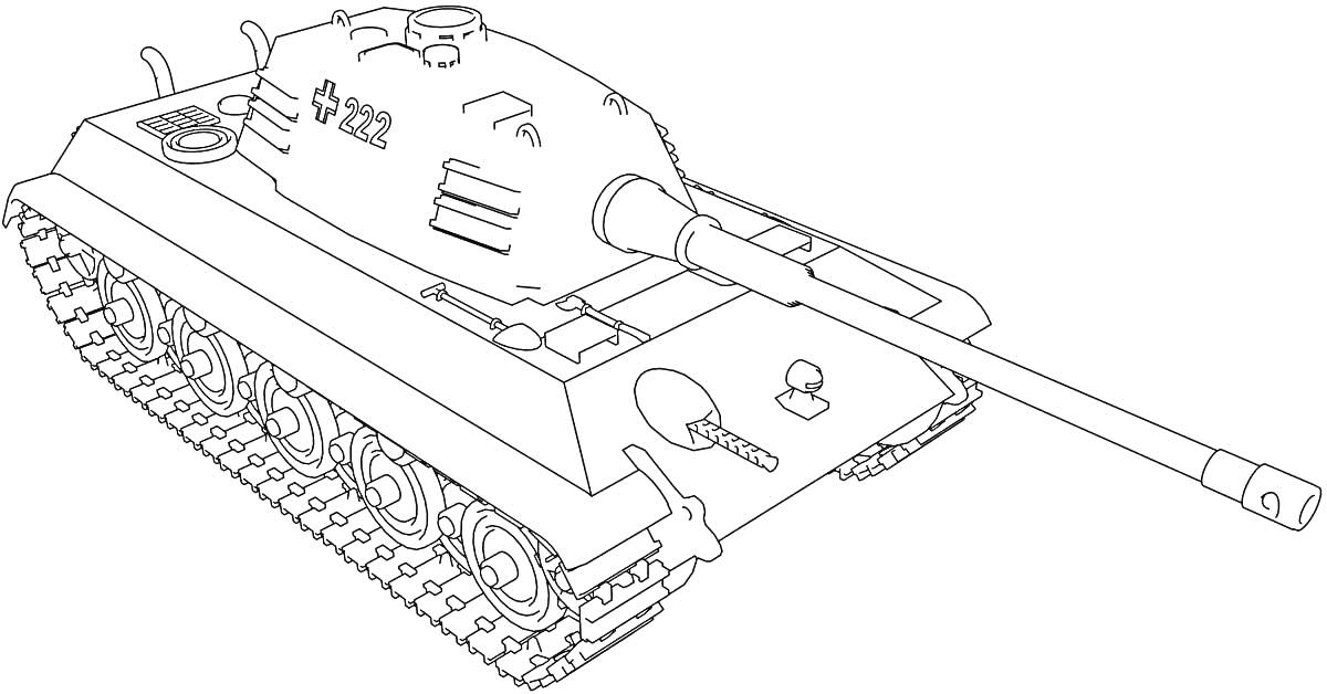 На раскраске изображено: Танк, Пантера, Военная техника, Гусеницы, Длинный ствол, Детали, Бронетехника