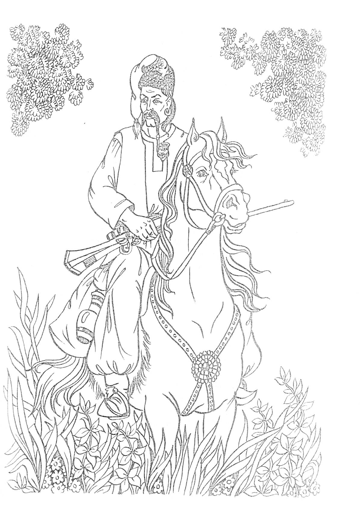 На раскраске изображено: Казак, Конь, Ружье, Растительность, Деревья, Природа, Народная одежда, Исторический персонаж