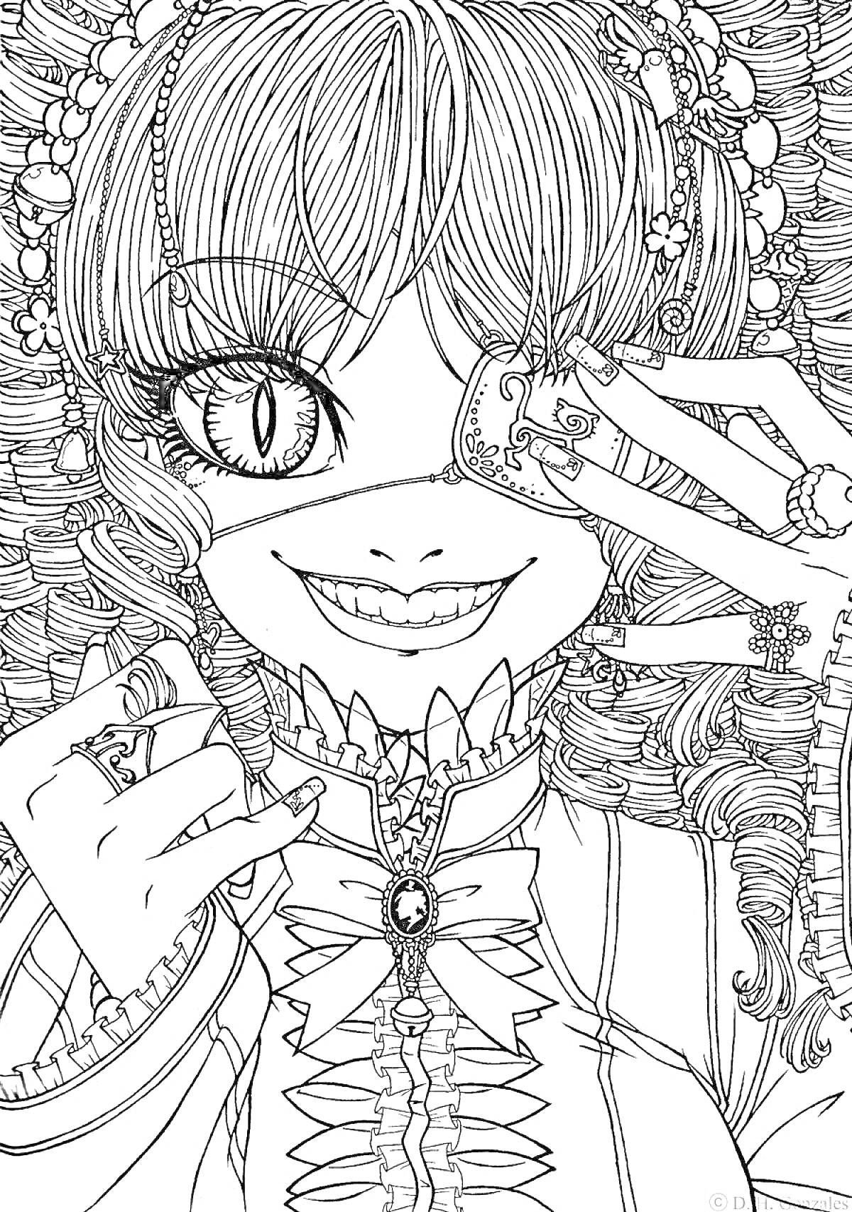 Раскраска Девушка с кудрями и украшениями в стиле аниме