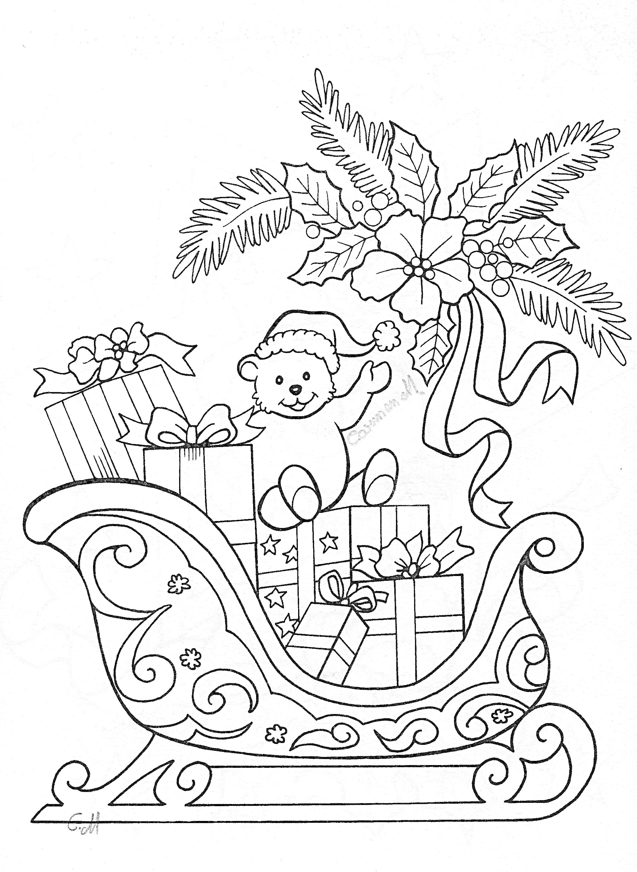 На раскраске изображено: Подарки, Елочные украшения, Морозные узоры, Рождественская звезда, Зима