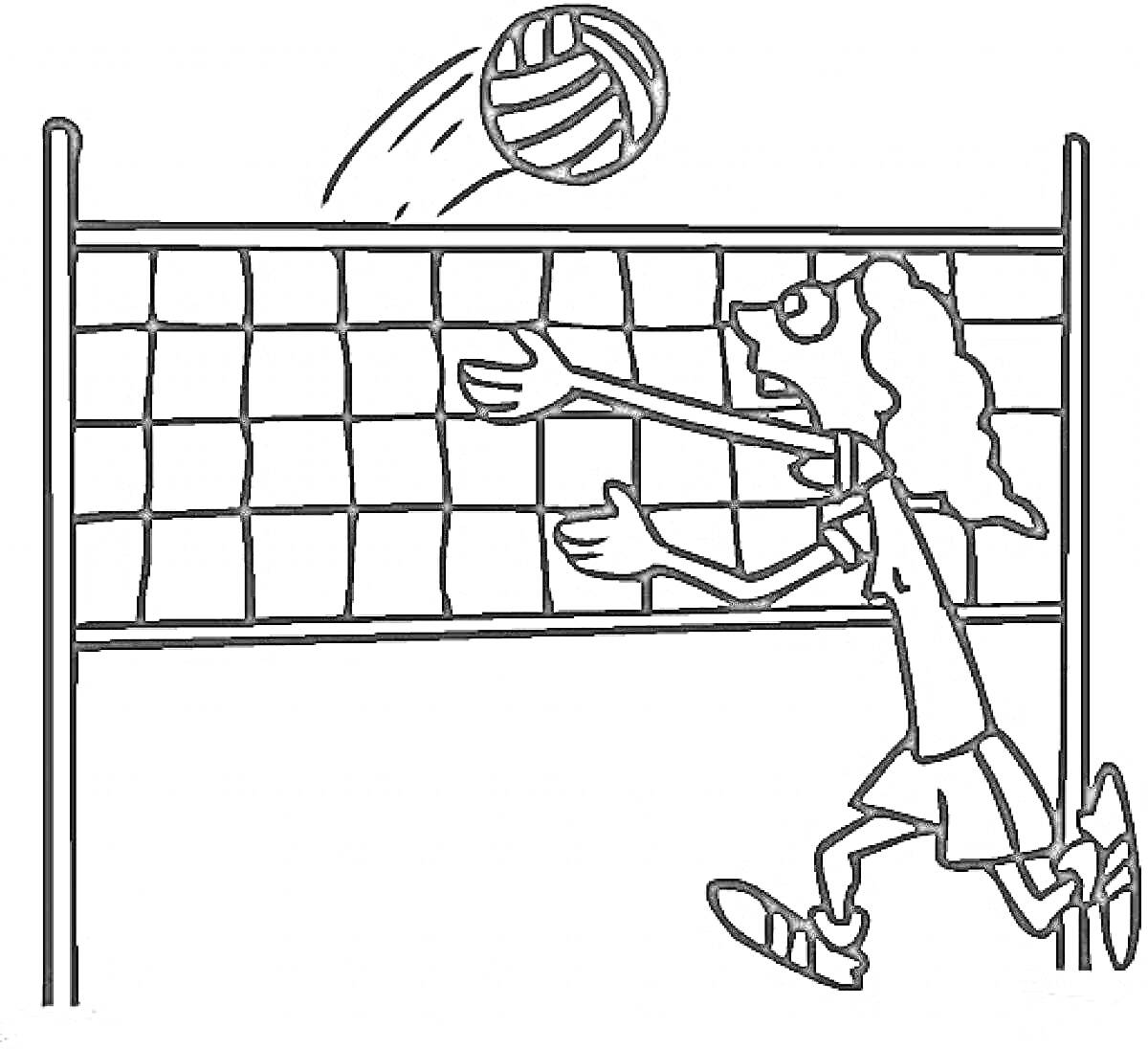 На раскраске изображено: Волейбол, Девочка, Сетка, Спорт, Игра, Ребёнок, Спортивная обувь, Мячи