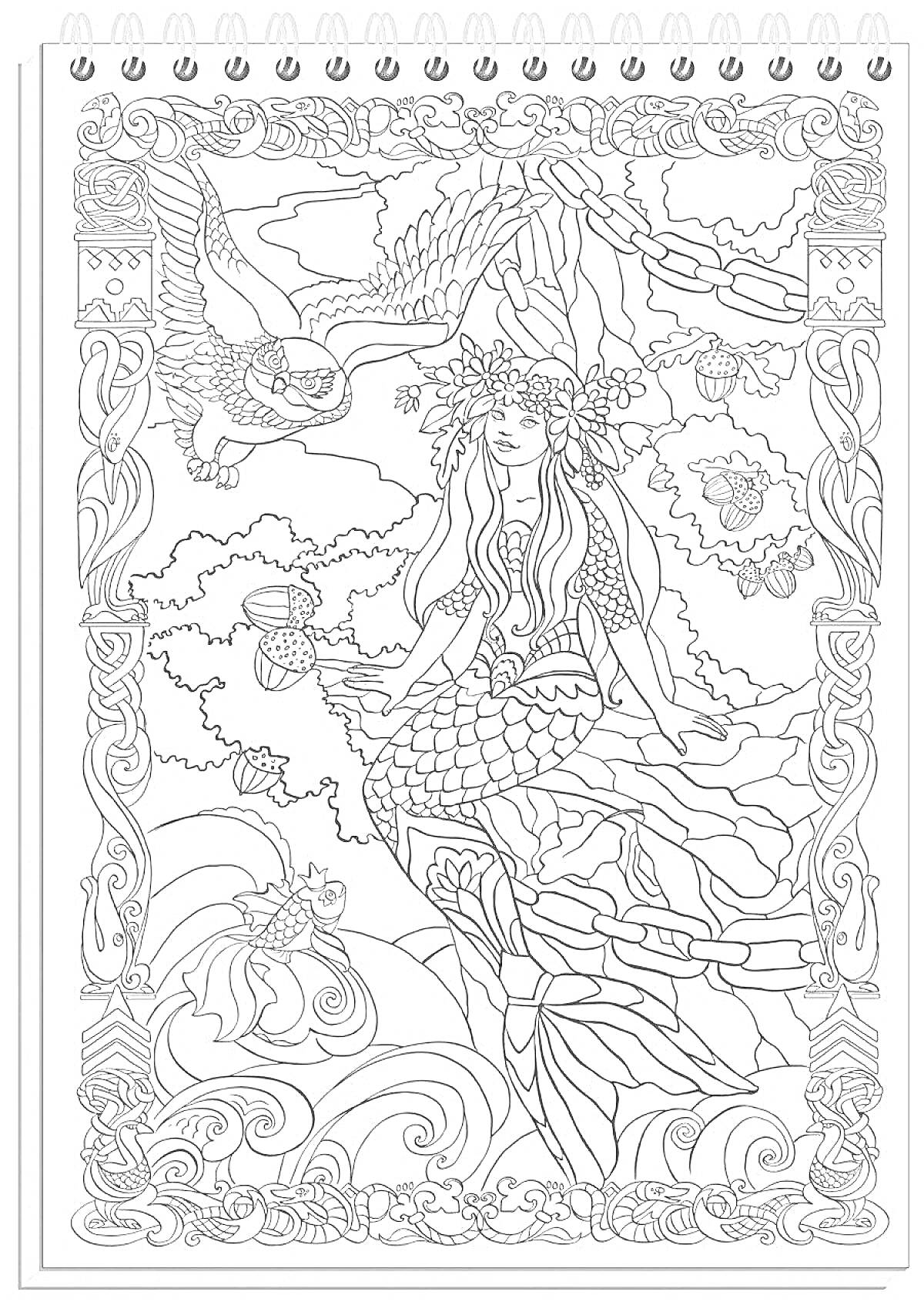 Раскраска Русалка у дуба с цепью на берегу моря с прилетевшим вороном