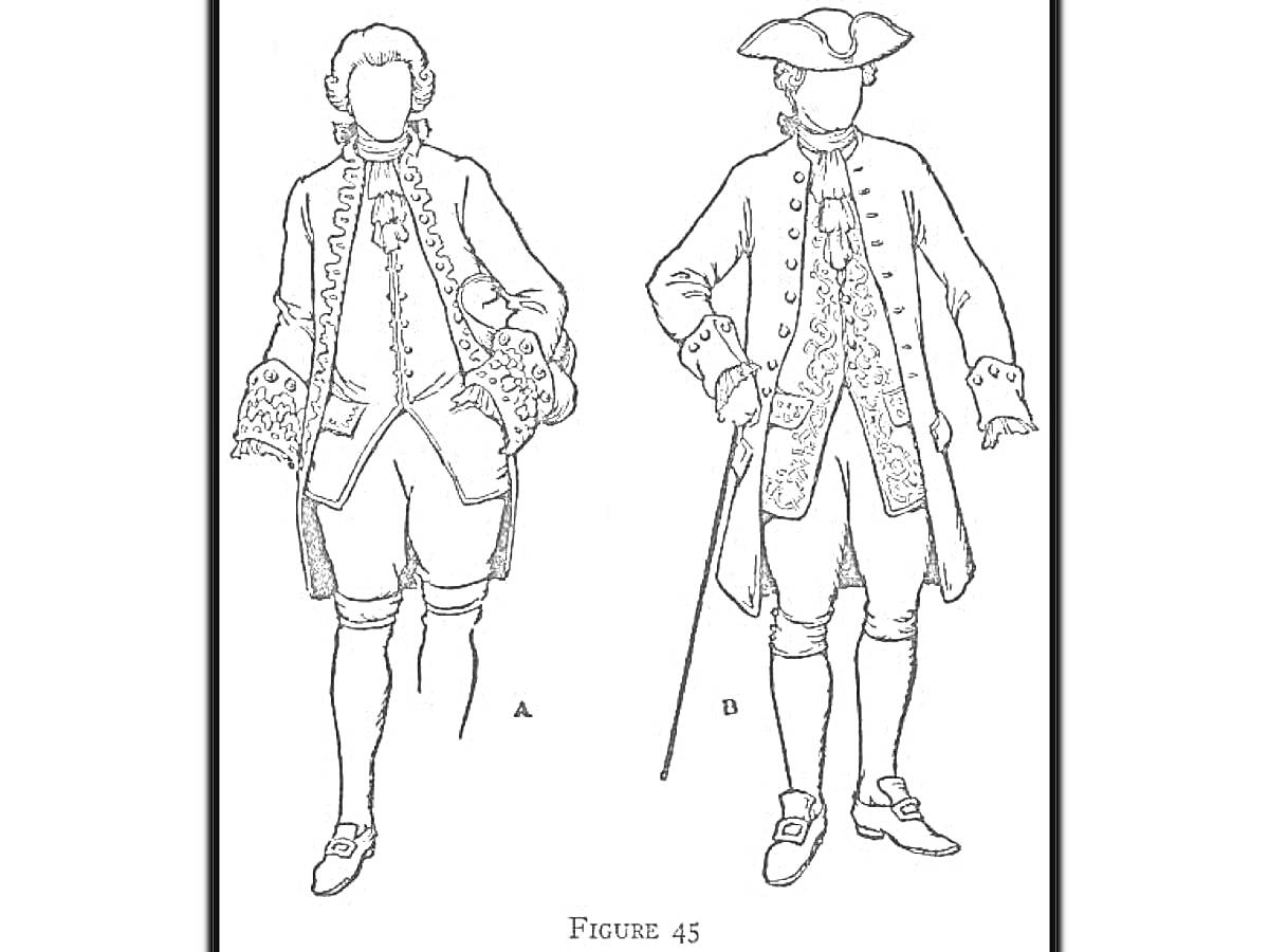 На раскраске изображено: XVIII век, Военная одежда, Парики, Треуголка, Камзол, Плащ, Трость
