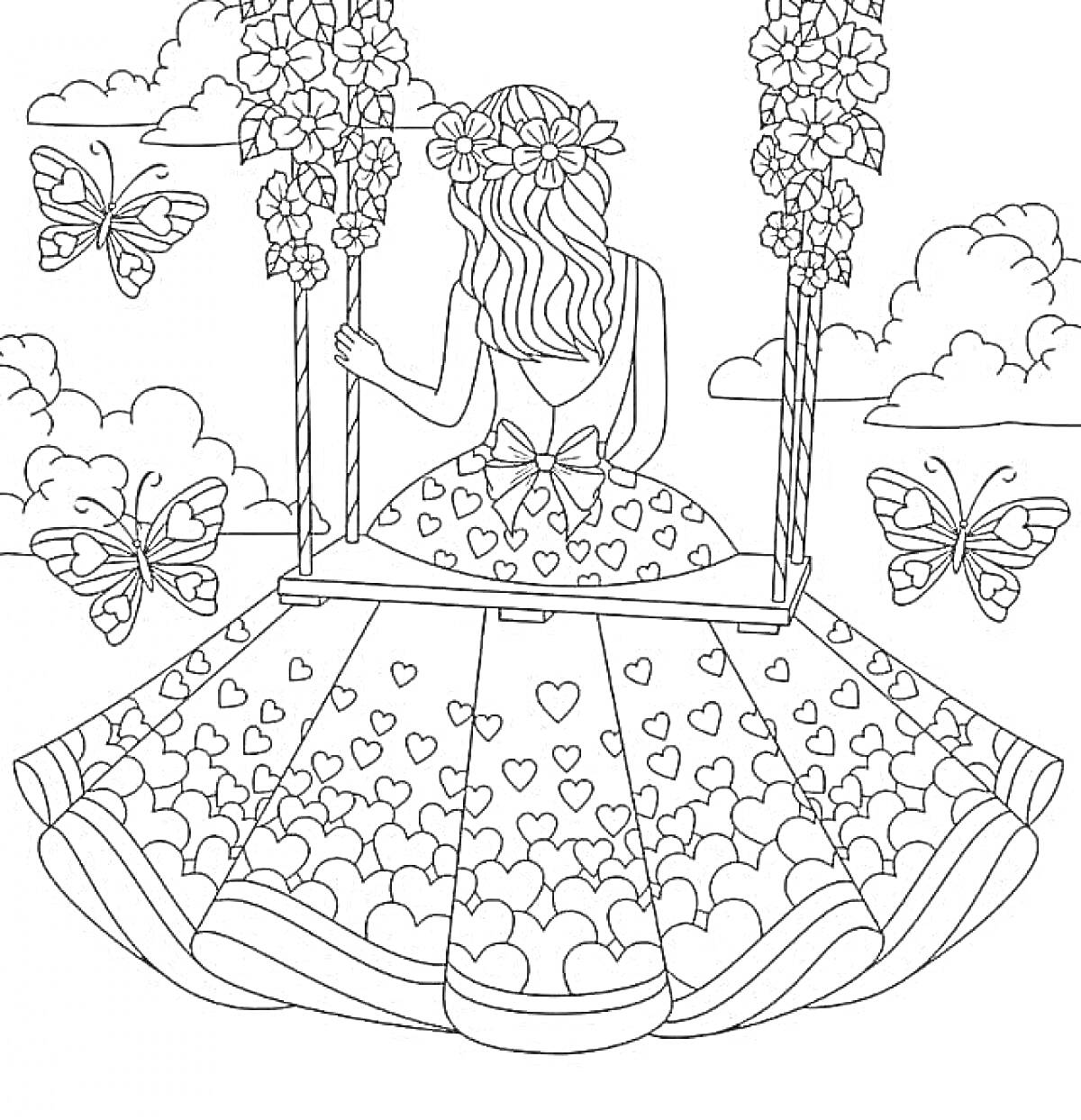 На раскраске изображено: Девочка, Качели, Платье, Цветы, Небо, Облака, Волосы, Бабочка, Сердца