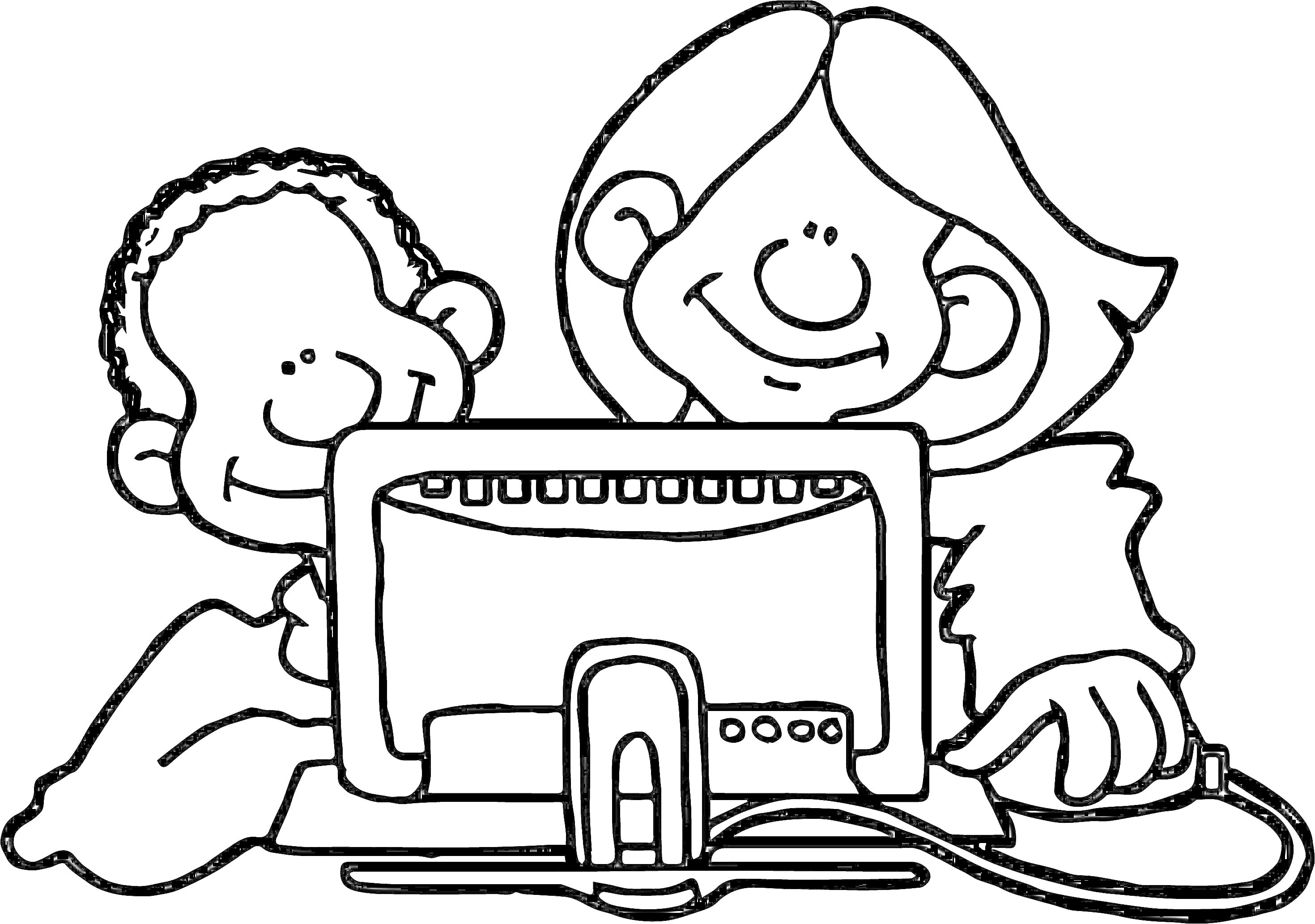 На раскраске изображено: Ребенок, Компьютер, Совместная деятельность, Обучение, Монитор, Дружба, Экран, Улыбка
