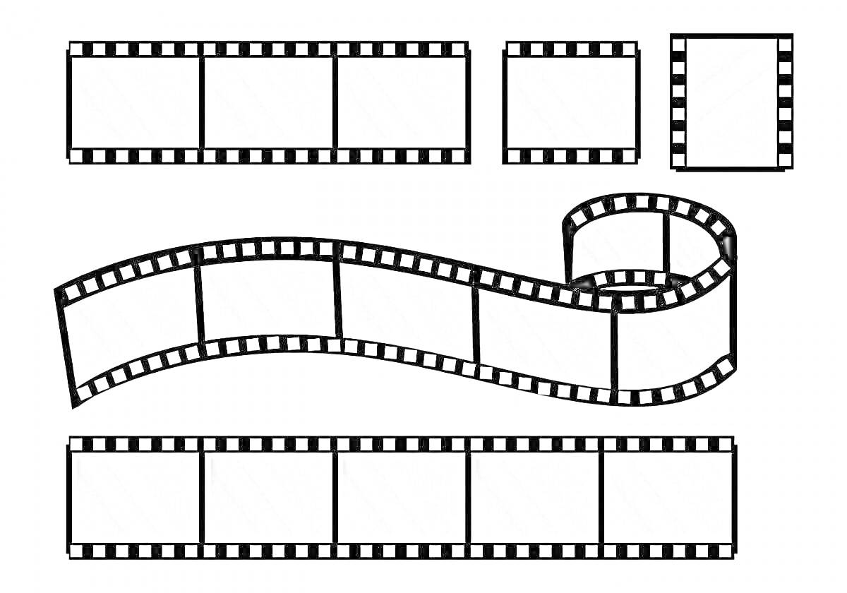Раскраска Три киноленты с пятью кадрами, один изогнутый фрагмент киноленты и два отдельных кадра