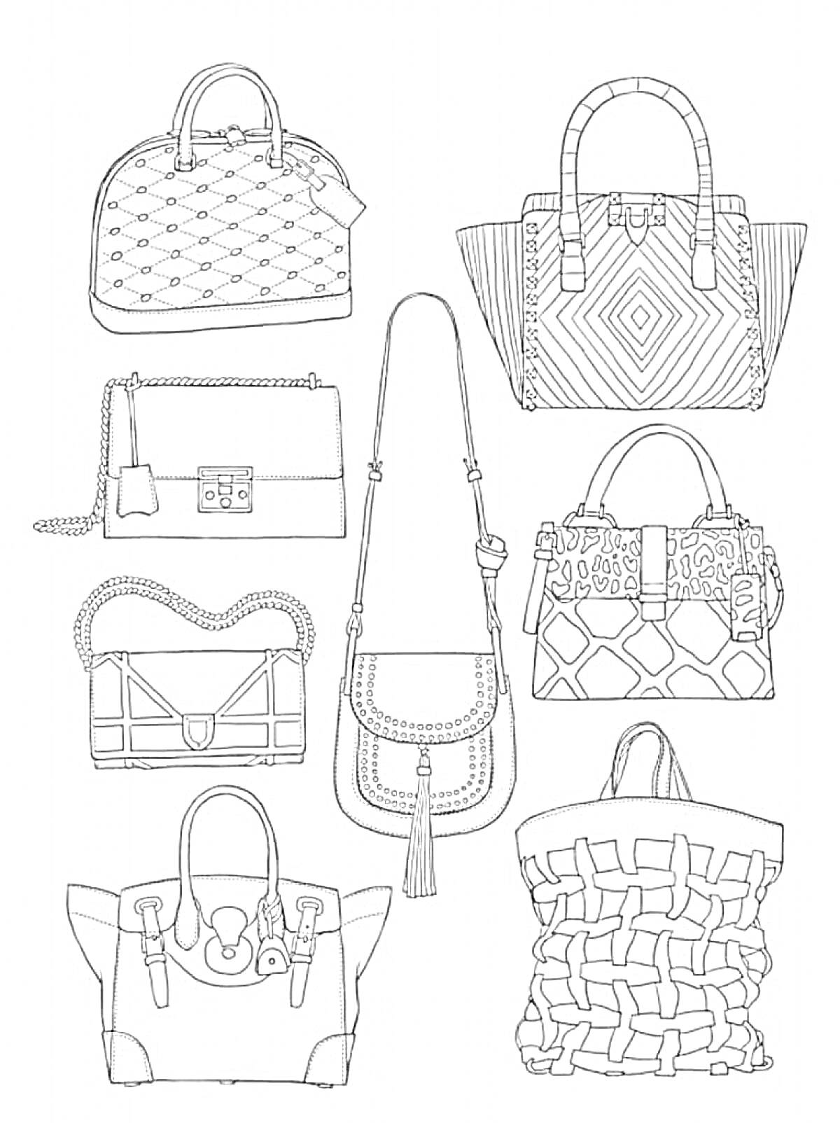 Раскраска с изображениями 8 различных сумочек: сумочка с диагональными линиями и мини-замочком, сумочка с ромбическим узором и ручками, сумочка с замком и плетеным ремешком, сумочка с закругленным верхом и ремешком через плечо, сумочка с крупным плетением