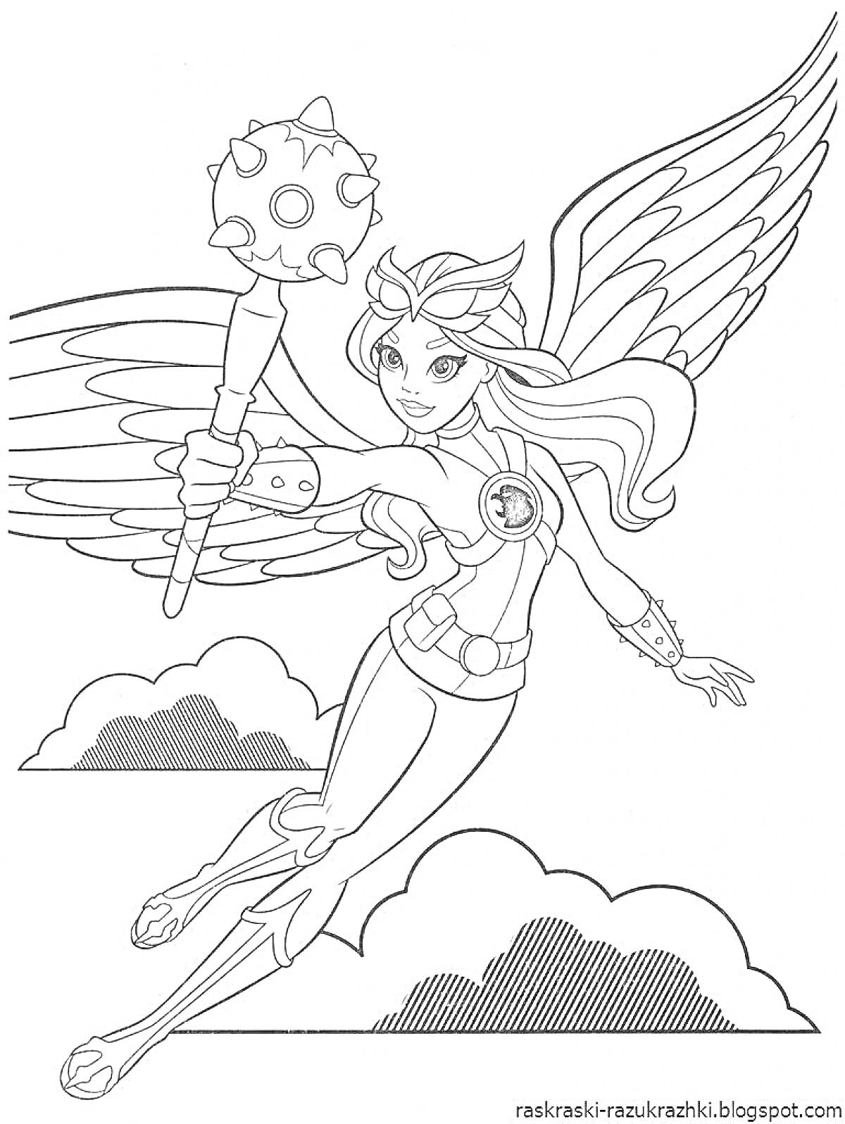 На раскраске изображено: Девочка, Крылья, Булава, Облака, Полет, Героиня, Боевой костюм