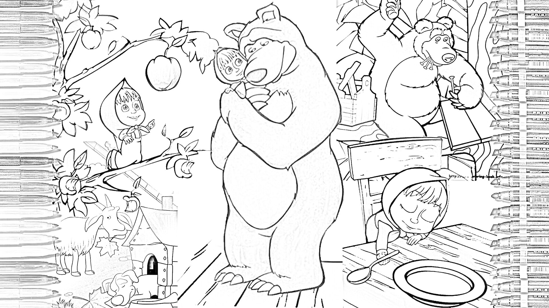 На раскраске изображено: Маша и Медведь, Яблоня, Дом, Цветные карандаши, Стол, Посуда, Медведь, Девочка