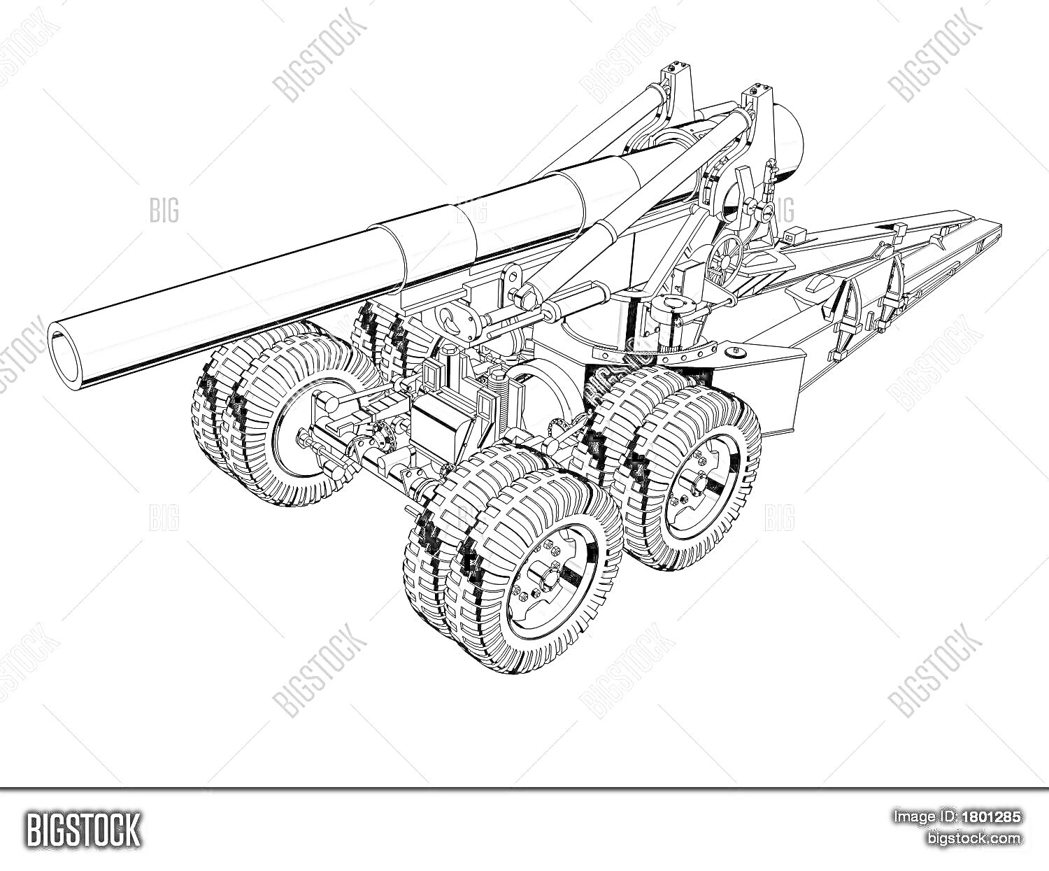 Раскраска Гаубица с четырьмя колесами и длинным стволом
