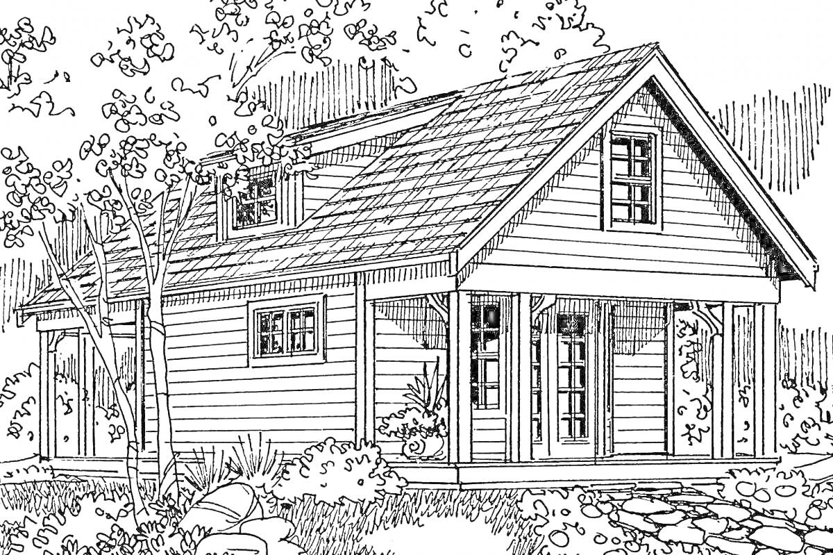 Раскраска Деревенский дом с вальмовой крышей, верандой и окруженный деревьями и кустарниками