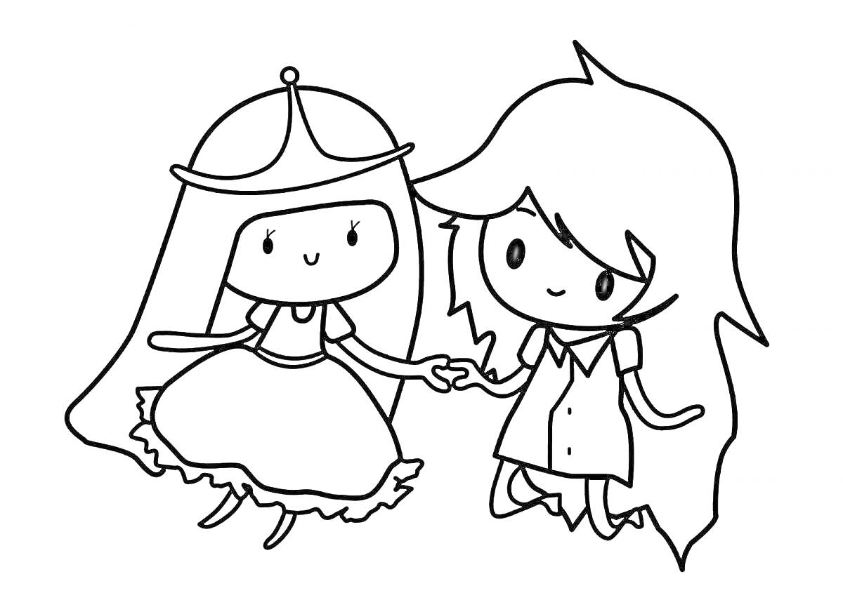 Раскраска Две персонажа Лалафан держатся за руки в платье и с длинными волосами