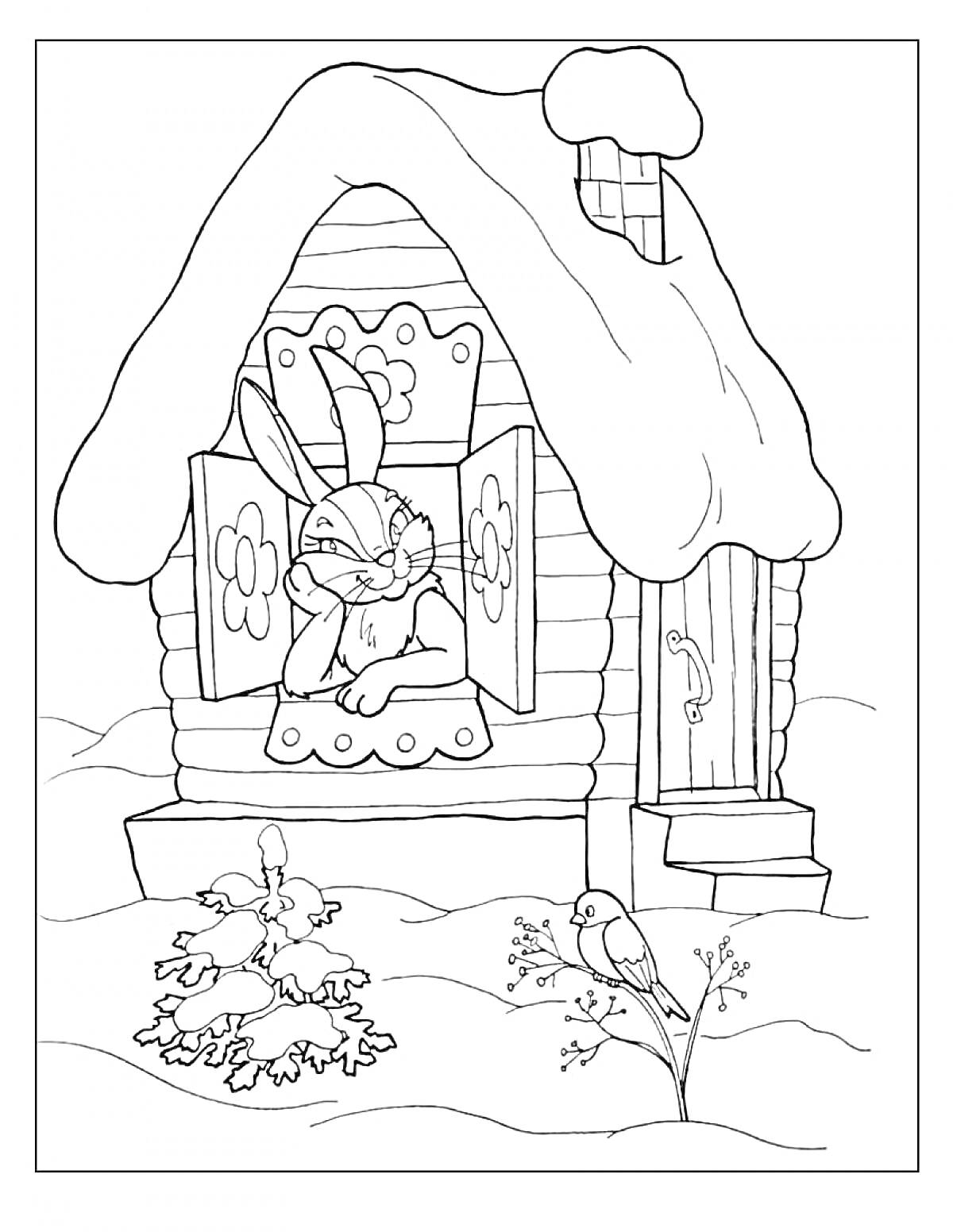 Раскраска Заяц в окошке заснеженного домика с елкой и птицей во дворе