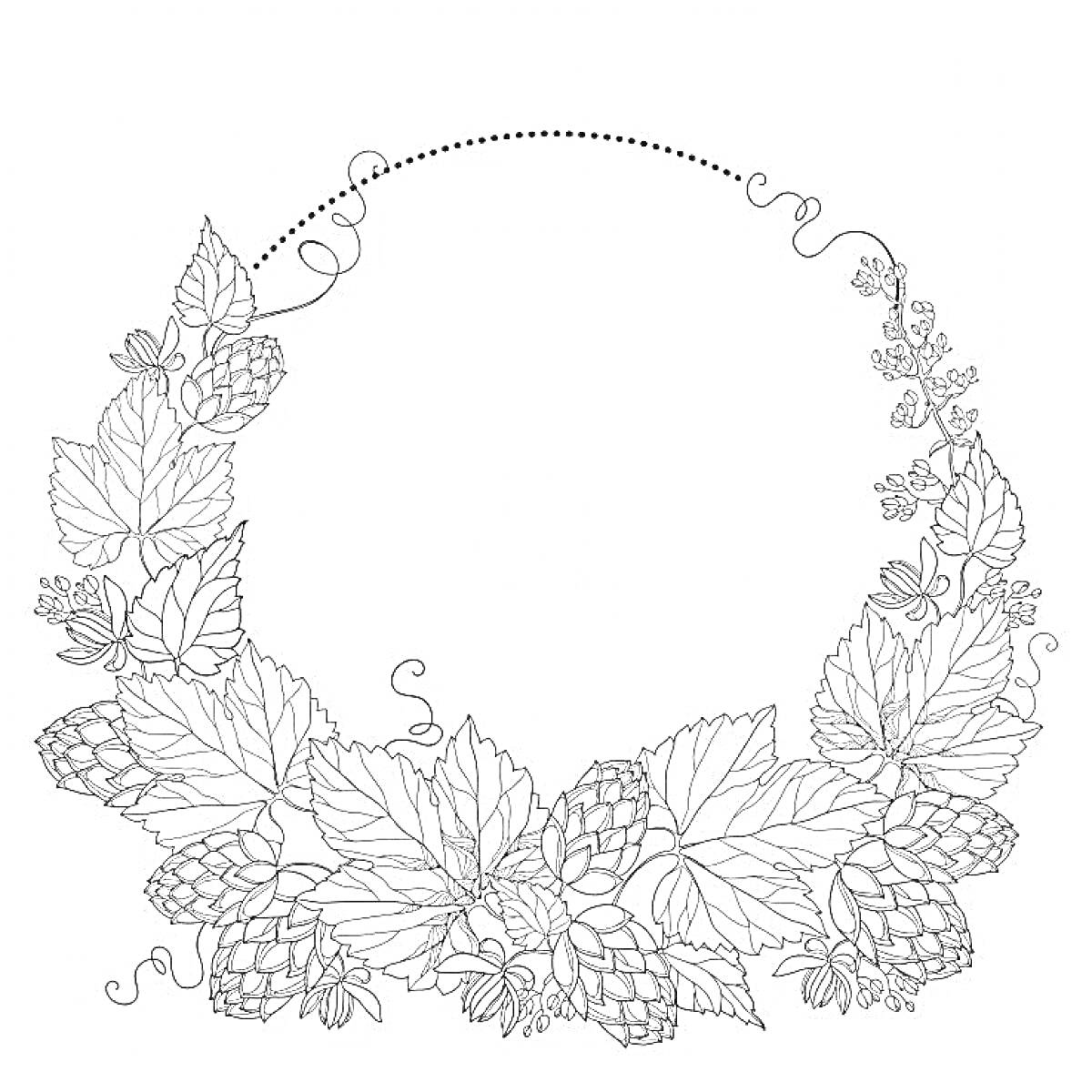 На раскраске изображено: Венок, Листья, Шишки, Растения