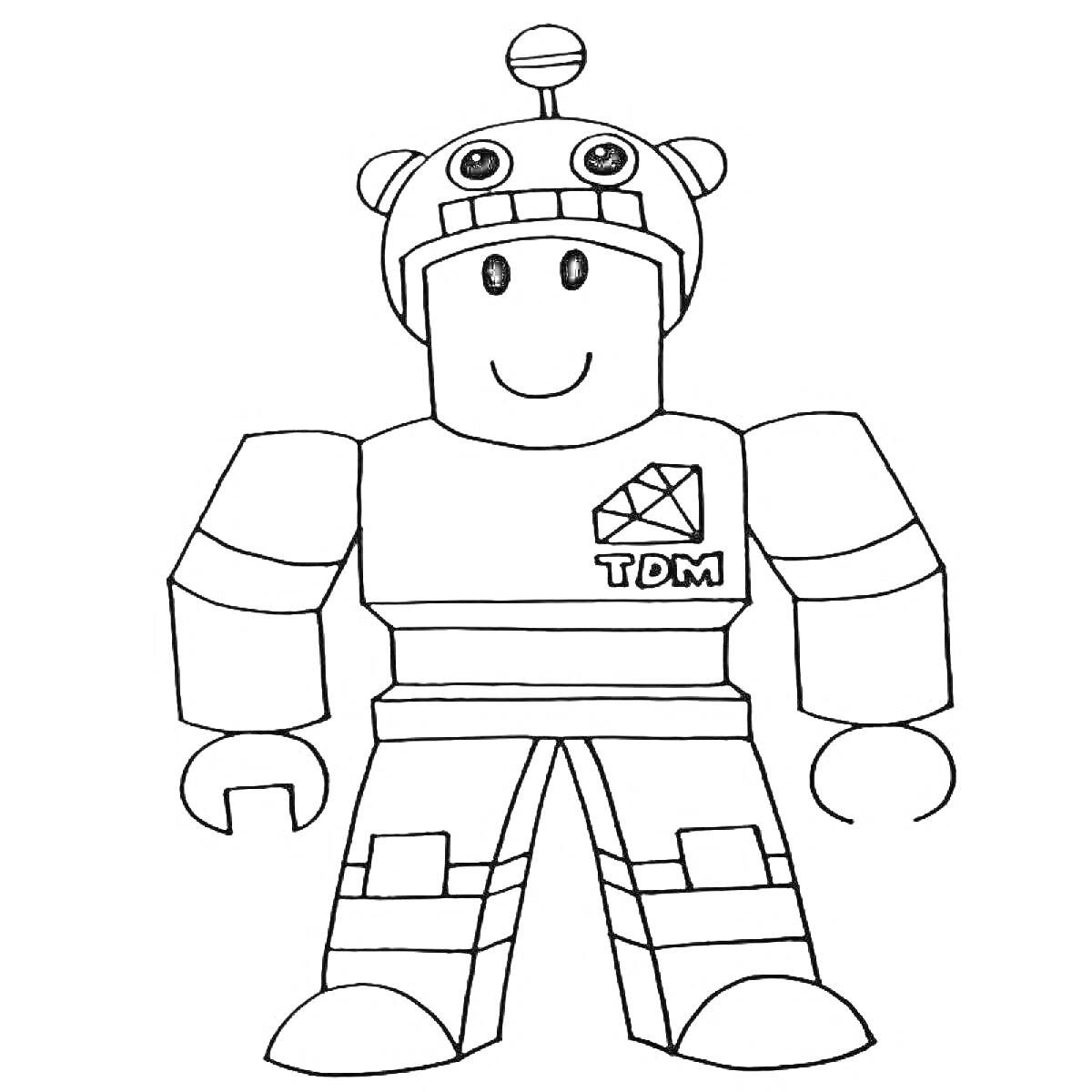 Раскраска Роблокс персонаж в шлеме с антеннами и логотипом TDM на груди
