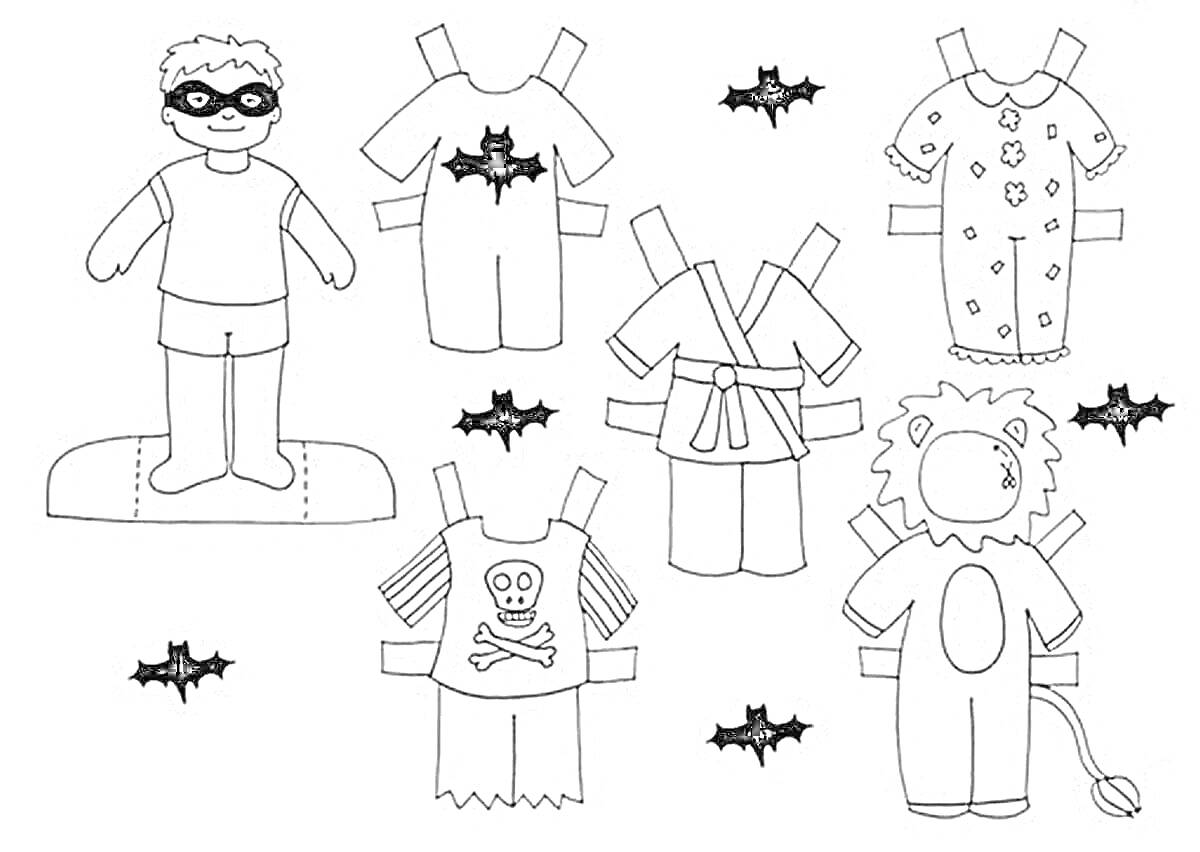 На раскраске изображено: Бумажная кукла, Пижама, Боевой костюм, Пираты, Череп, Лев