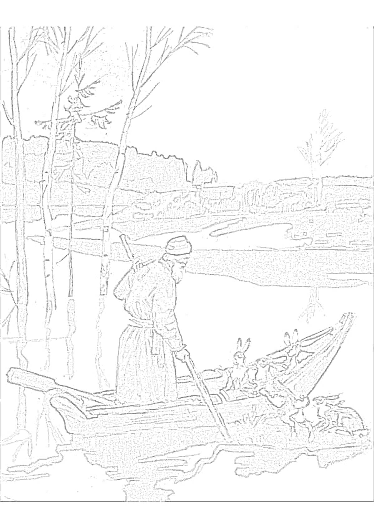 На раскраске изображено: Дед мазай, Зайцы, Лодка, Река, Весло, Лес, Холмы, Спасение животных