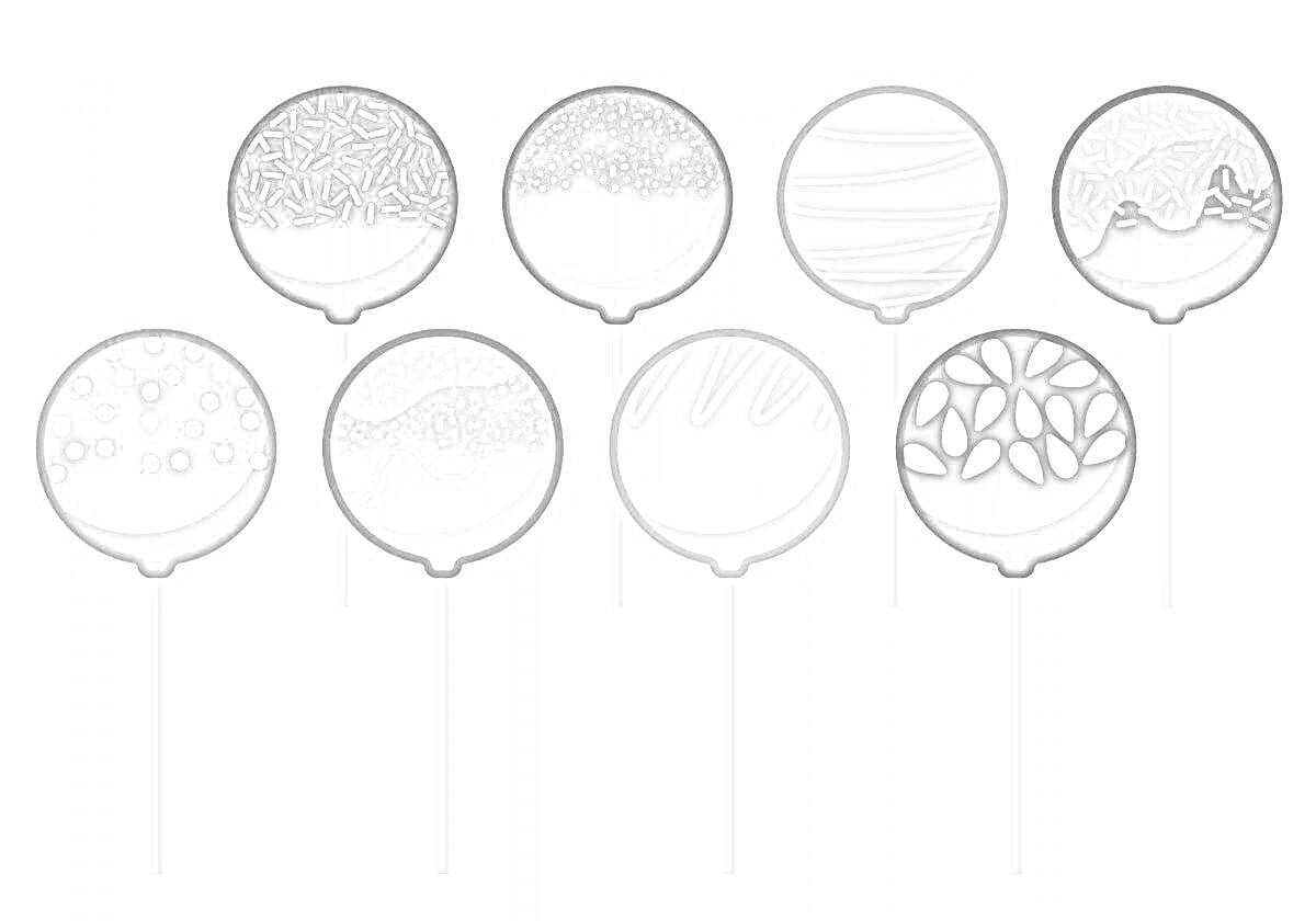 Раскраска Восемь кейк попсов с различными узорами на палочке