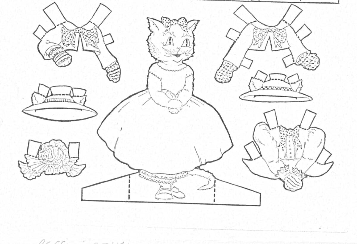 На раскраске изображено: Кот, Одежда, Платье, Верхняя одежда, Шапка, Бумажная кукла