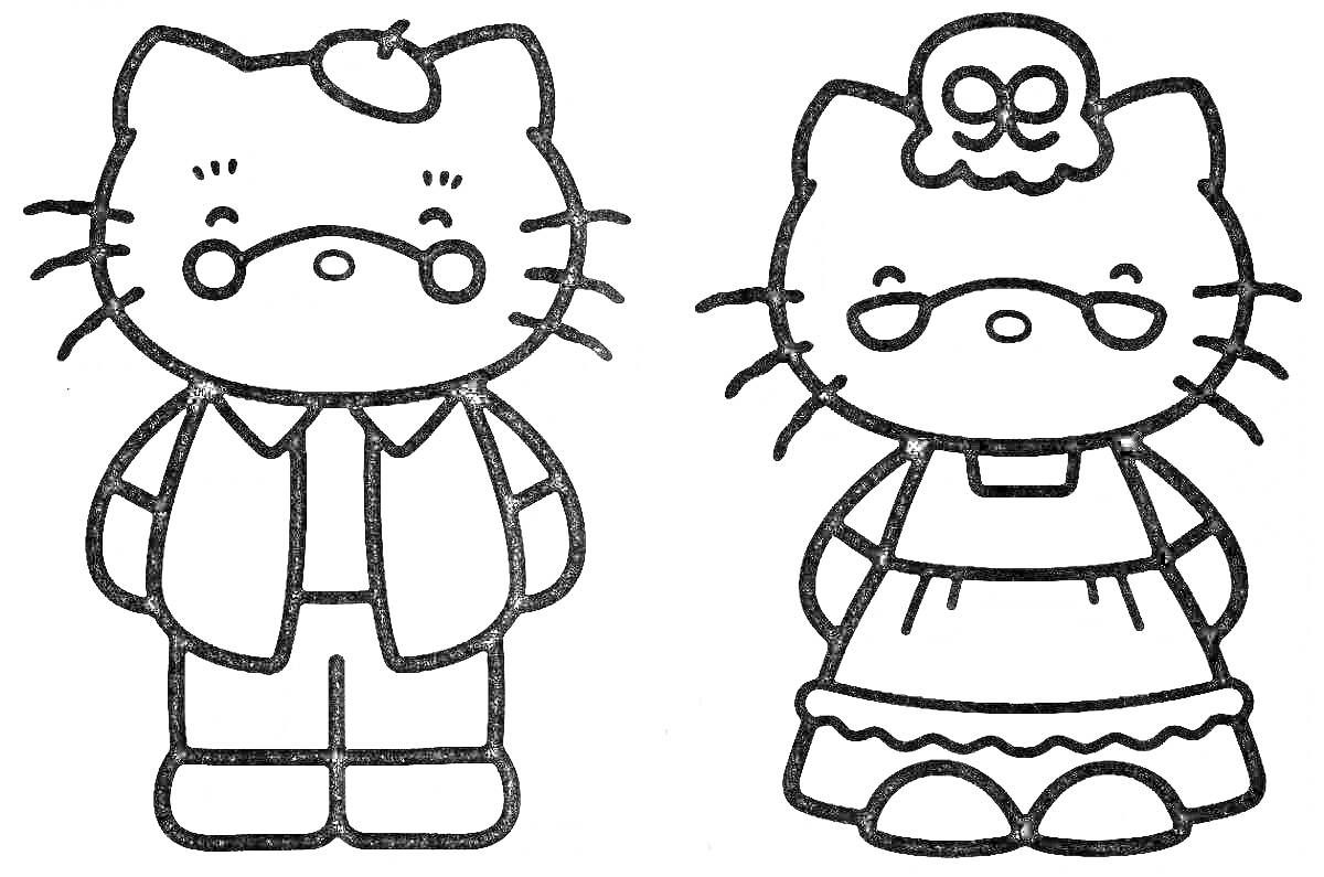 РаскраскаДве кошечки Хелло Китти в различной одежде: одна в рубашке и брючках с шапочкой, другая в платье с бантом на голове