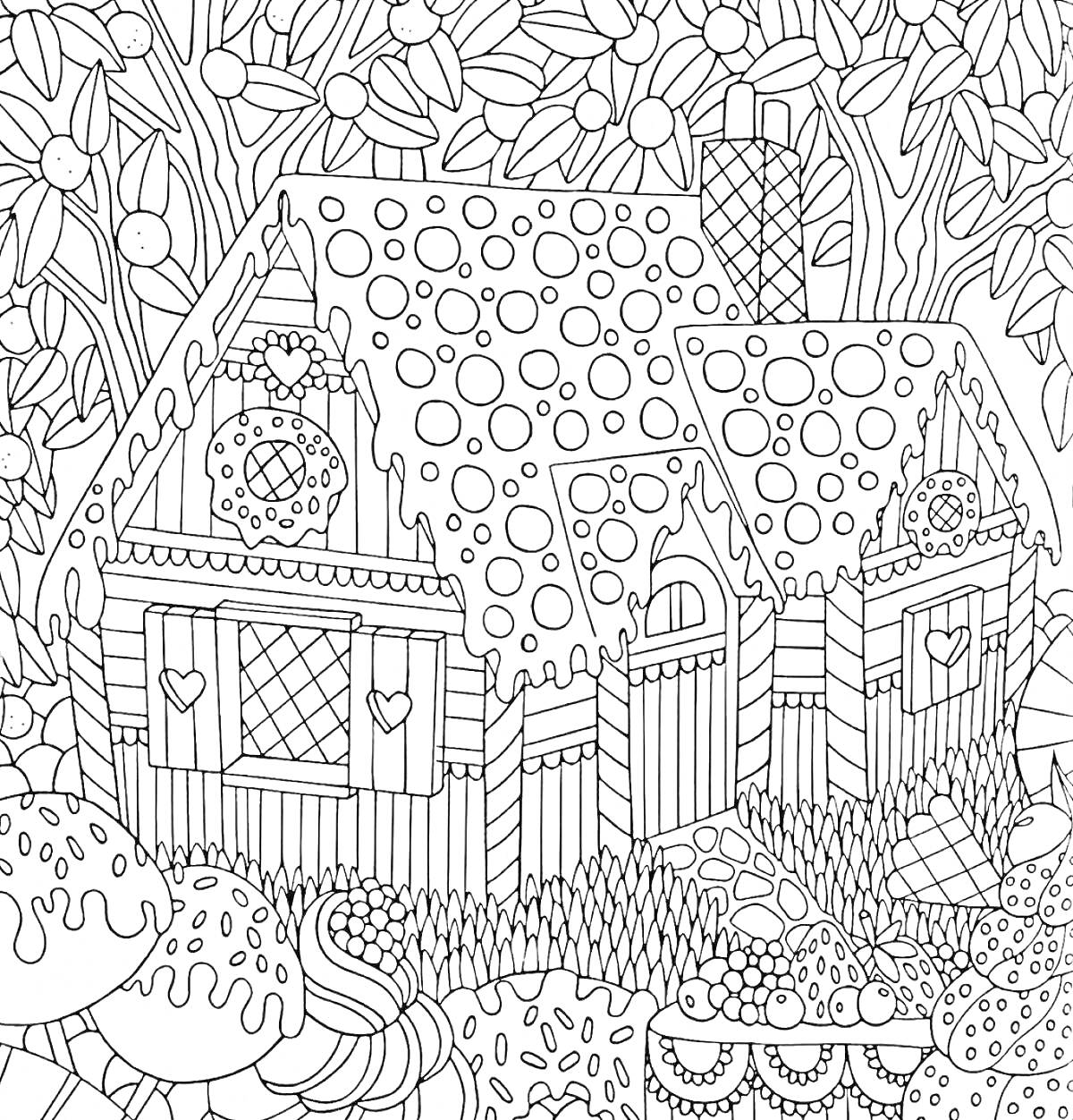 Раскраска Домик в лесу с крышей в кружочек, кустами и деревьями на фоне