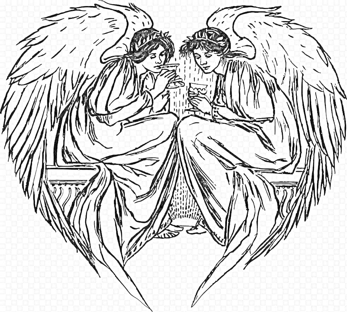 Раскраска Два ангела с широко раскинутыми крыльями сидят напротив друг друга, беседуя