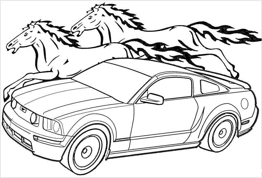 Раскраска Мустанг - спортивный автомобиль и два скачущих мустанга