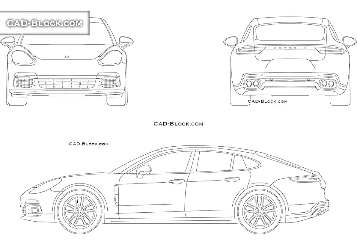 Раскраска Porsche Panamera - вид спереди, сзади и сбоку, чертежи автомобиля