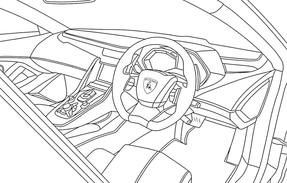 Раскраска Салон автомобиля с рулевым колесом, центральной консолью и сиденьями