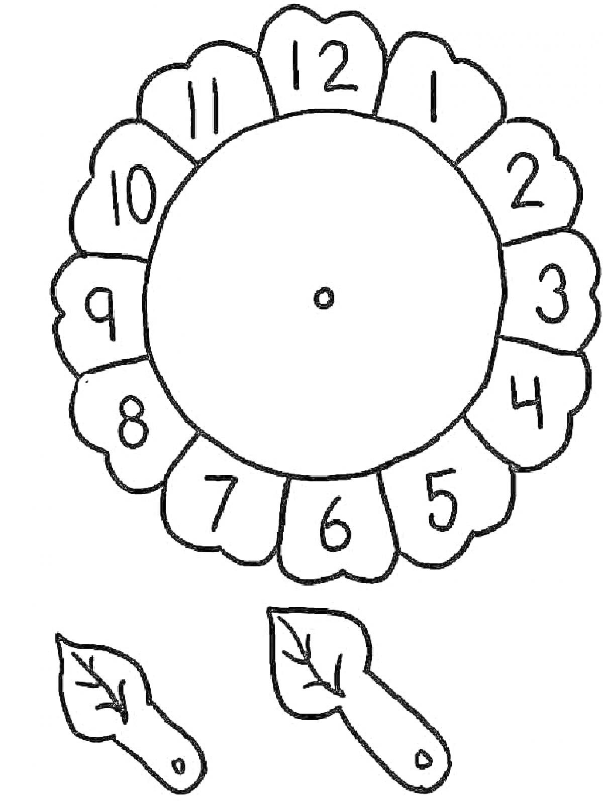 Раскраска Часы в виде цветка с листьями-стрелками и цифрами от 1 до 12