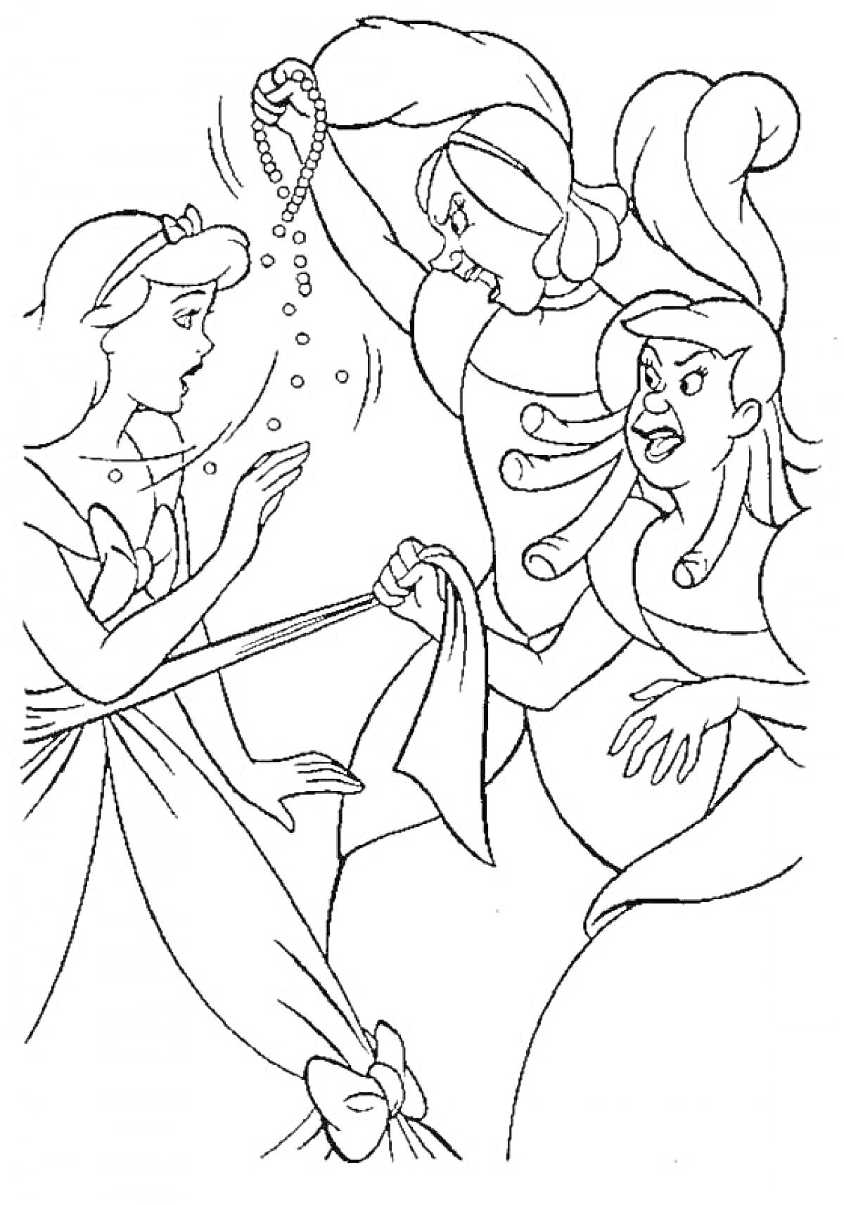 Раскраска Две сестры с агрессивным поведением, одна держит бус necklace, другая кричит на девушку с грустным лицом в платье